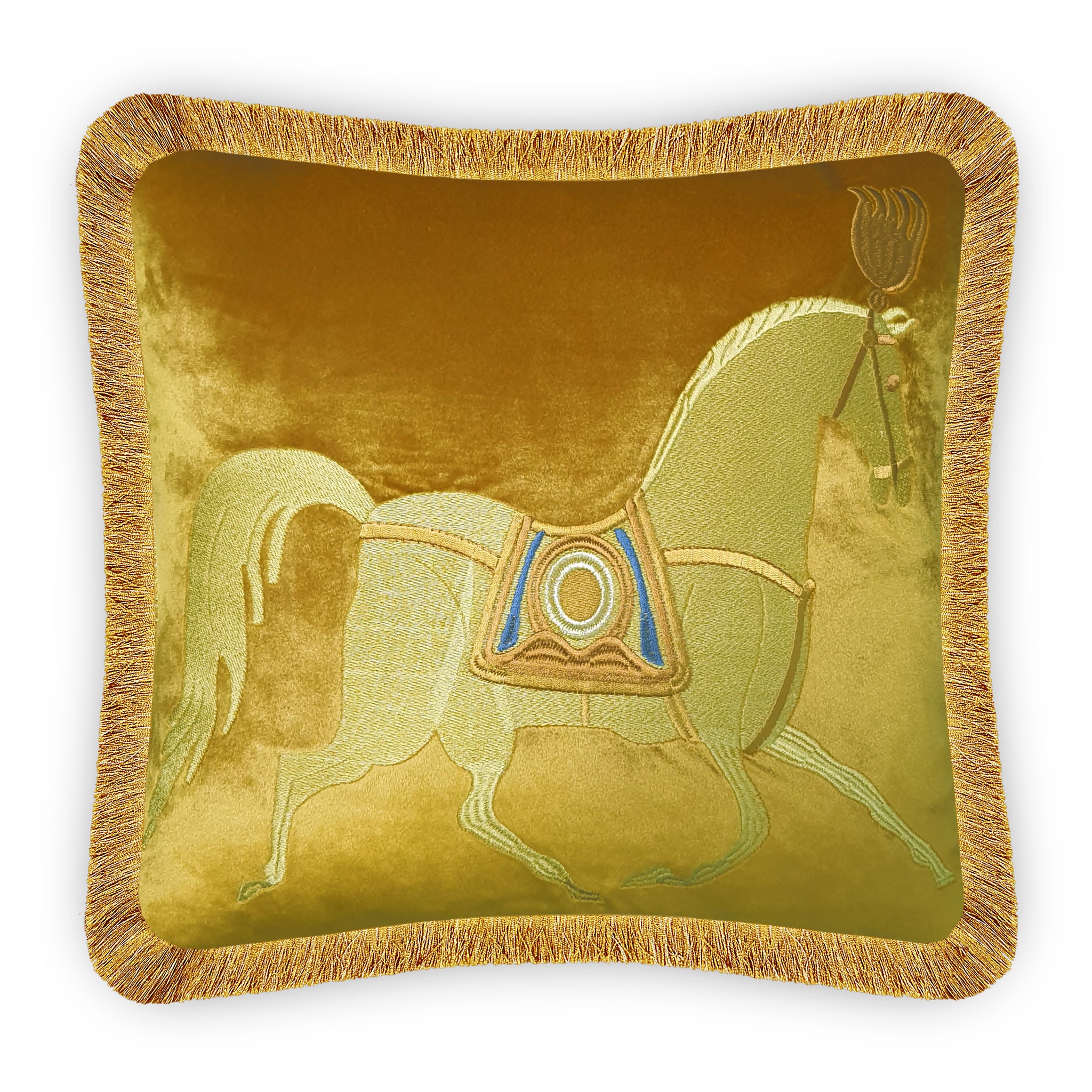 Velvet Horse Embroidered Cushion Cover, Baroque Style Decorative Pillowcase, Classic Home Decor Throw Pillow with Fringe for Bedroom, Living Room, 18x18 Inch, 45x45 cm