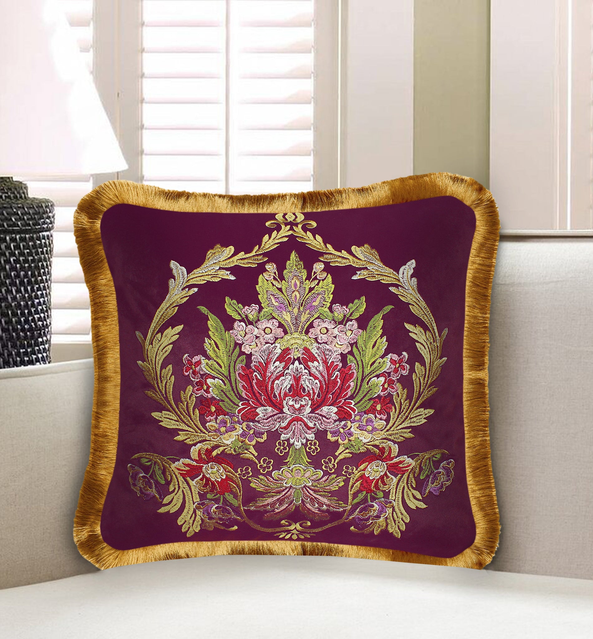 Gold Green Purple Red Floral Embroidery Baroque Style Cushion Cover in Sofa