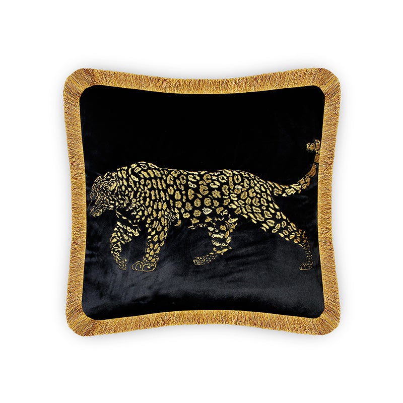 Cushion Cover Velvet Decorative Pillow Cover Leopard Embroidery Home Decor Style Throw Pillow for Sofa Chair Bedroom Living Room Black 45x45 cm (18x18 Inches).