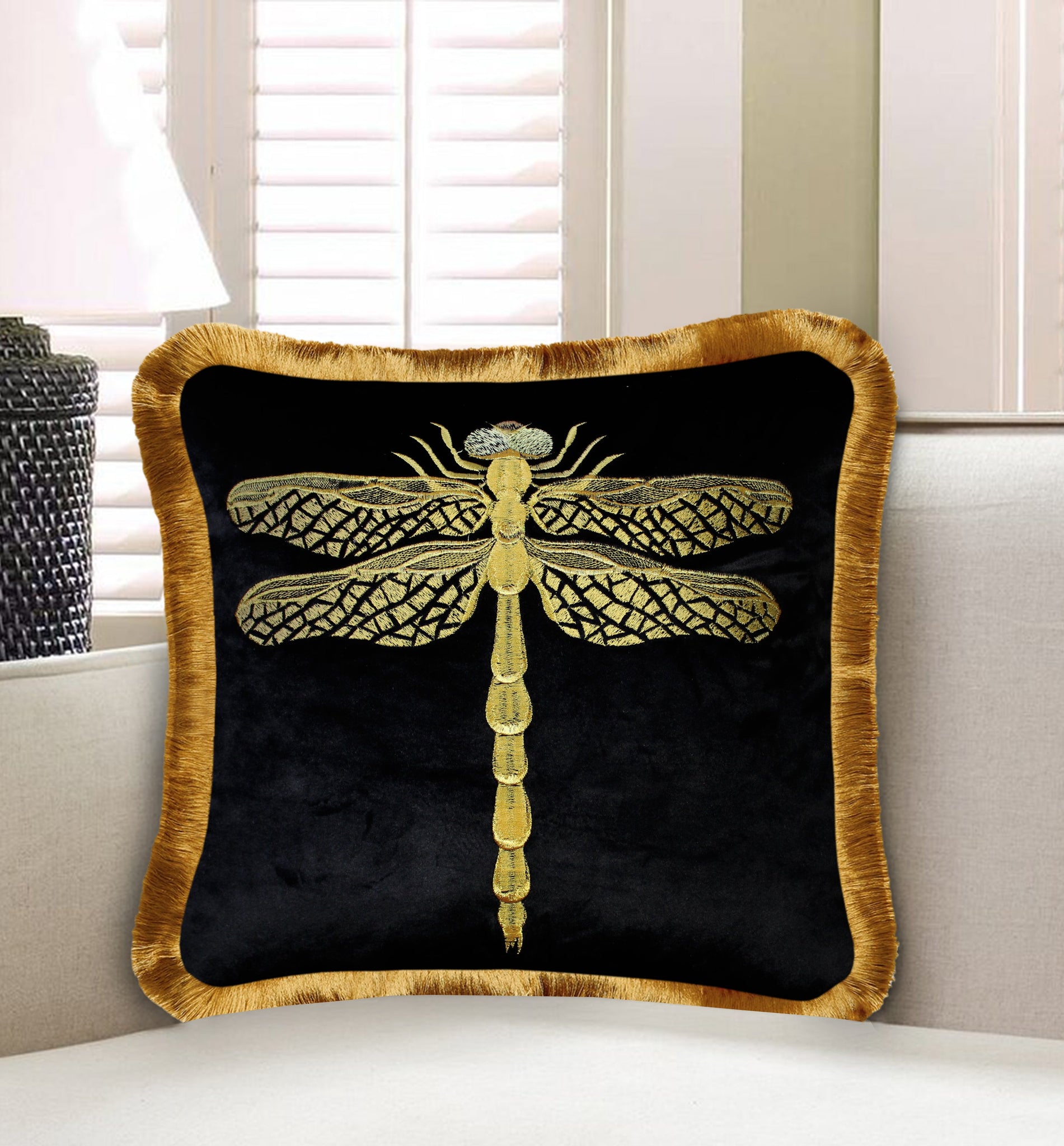 Velvet Dragonfly Embroidery Cushion Cover Home Decor Insect Decorative Pillowcase Cute Animal Throw Pillow with Golden Fringe for Bedroom Living Room Black Size 45x45 cm (18x18 Inches)