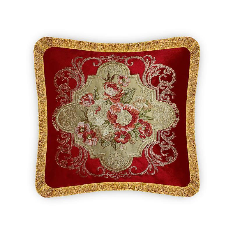 Red Velvet Cushion Cover Aubusson Rose Decorative Pillowcase Floral Bouquet Embroidery Throw Pillow for Sofa Chair Living Room 45x45 cm 18x18 In