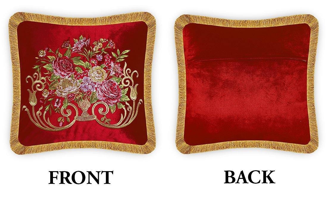  Velvet Cushion Cover Baroque Rose Decorative Pillowcase Floral Bouquet Embroidery  Throw Pillow for Sofa Chair Bedroom Living Room Red 45x45 cm (18x18 Inches).
