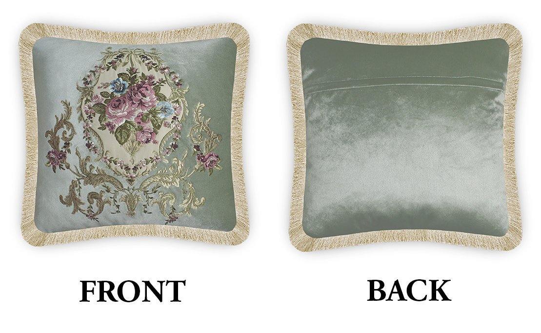 Velvet Cushion Cover Baroque Rose Decorative Pillowcase Floral Bouquet Embroidery  Throw Pillow for Sofa Chair Bedroom Living Room Light Green 45x45 cm (18x18 Inches).