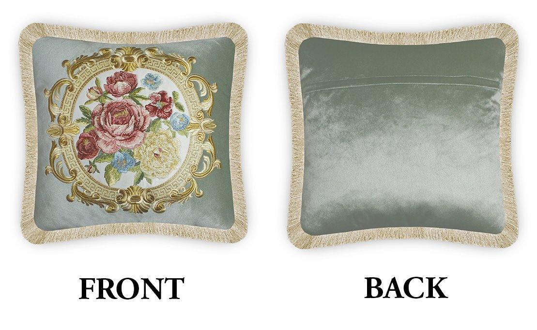 Green Velvet Cushion Cover Aubusson Rose Decorative Pillowcase Floral Bouquet Embroidery Throw Pillow for Sofa Chair Living Room 45x45 cm 18x18 In