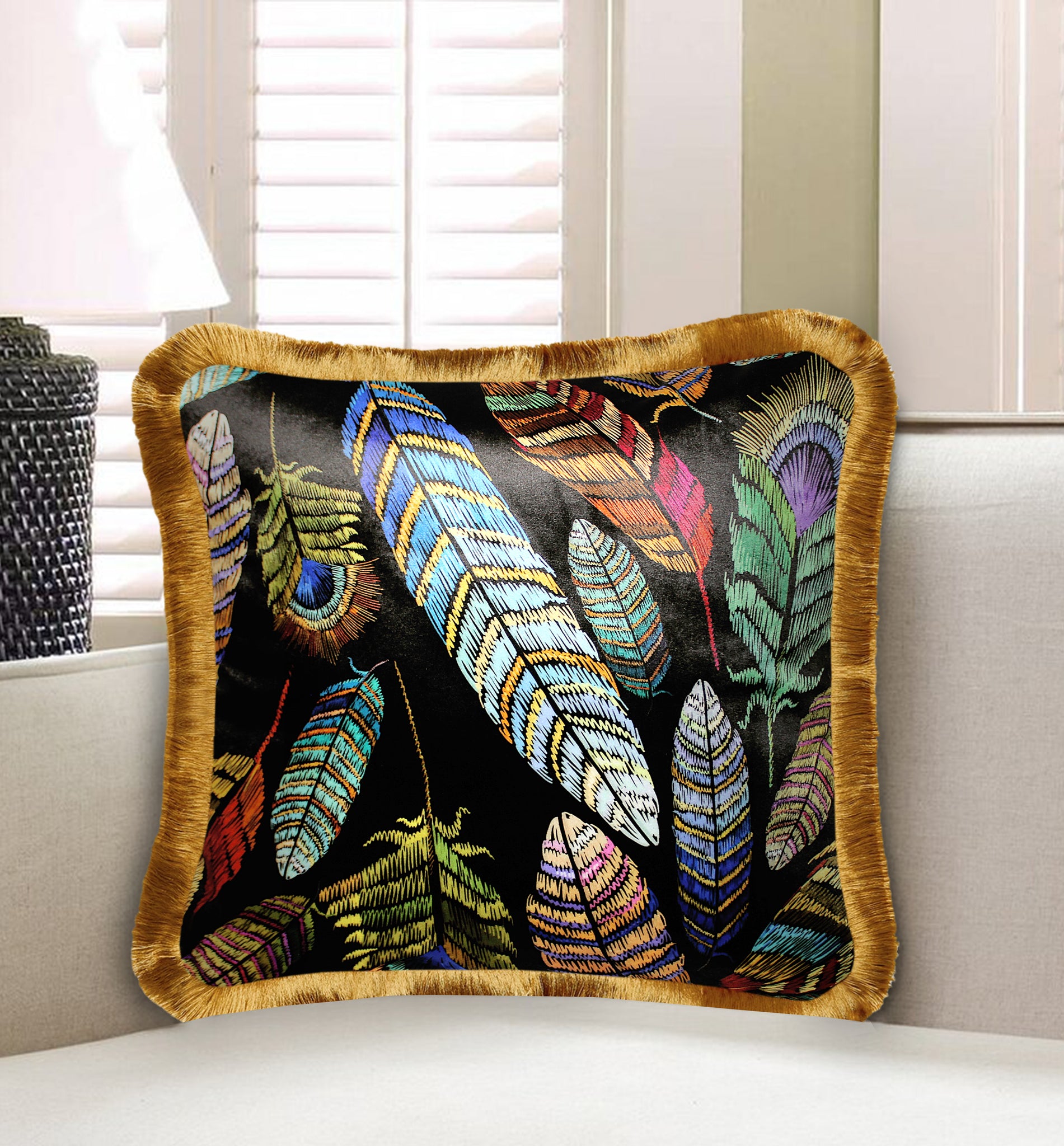 Black Velvet Cushion Cover Colorful Feather Decorative Pillowcase Home Decor Throw Pillow for Sofa Chair Living Room 45x45 cm 18x18 In