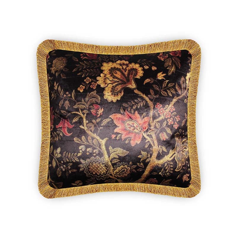Black Velvet Cushion Cover Antique Floral Decorative Pillow Cover Home Decor Throw Pillow for Sofa Chair Bedroom 45x45 cm 18x18 In