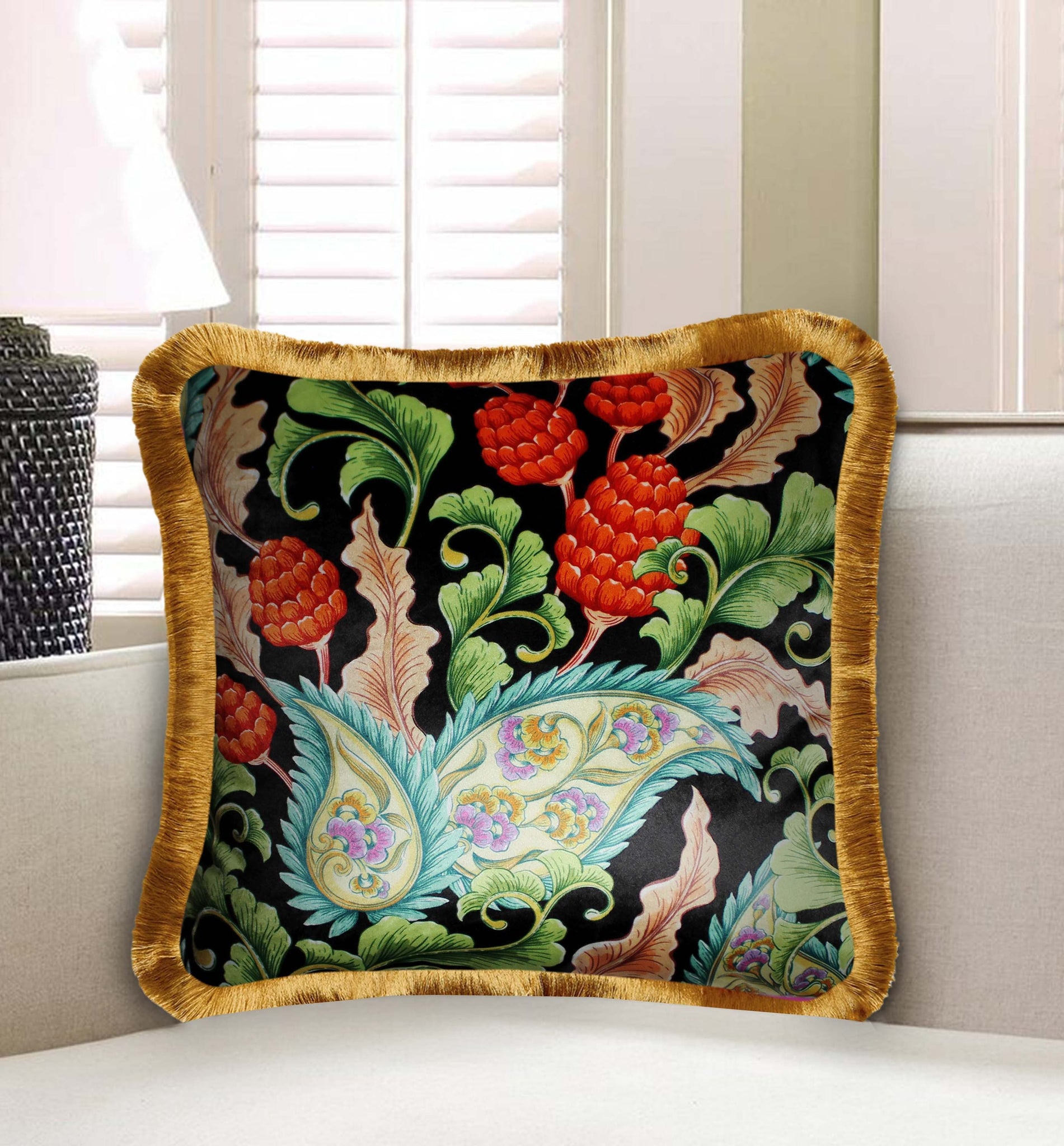 Black Velvet Cushion Cover Exotic Floral and Fruit Decorative Pillow Cover Home Decor Throw Pillow for Sofa Chair Bedroom 45x45 cm 18x18 In