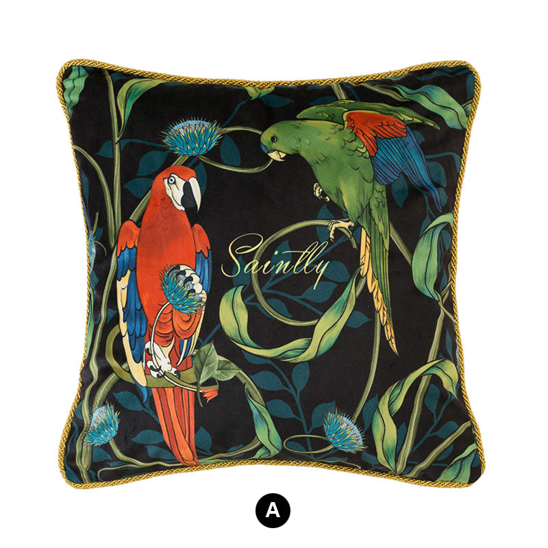 Velvet Cushion Cover Baroque Style Plant and Parrot Series Decorative Pillowcase Home Decor Throw Pillow for Sofa Chair Gift 18x18 In.