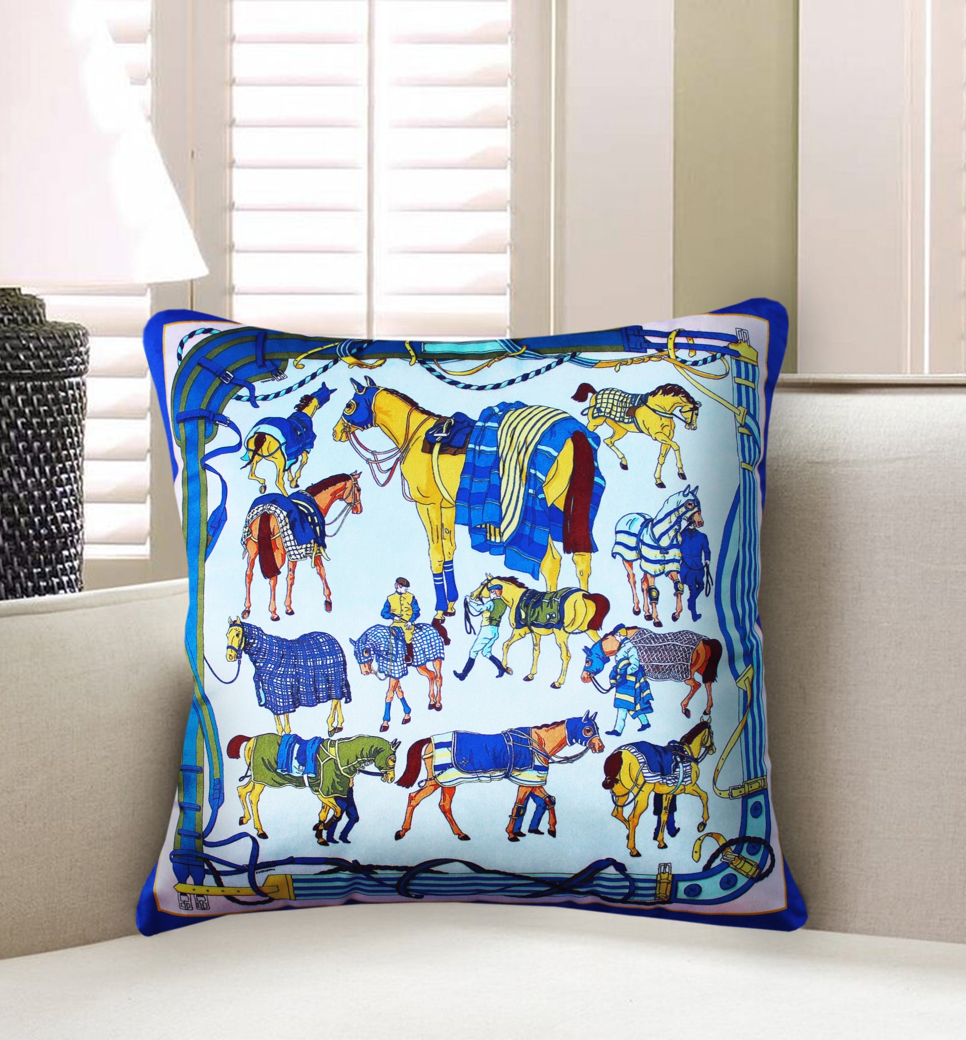 Blue Velvet Cushion Cover, Hermes Inspired Horse Printed Decorative Pillow, Vintage Home Décor Throw Pillow Cover,  45 x 45 CM