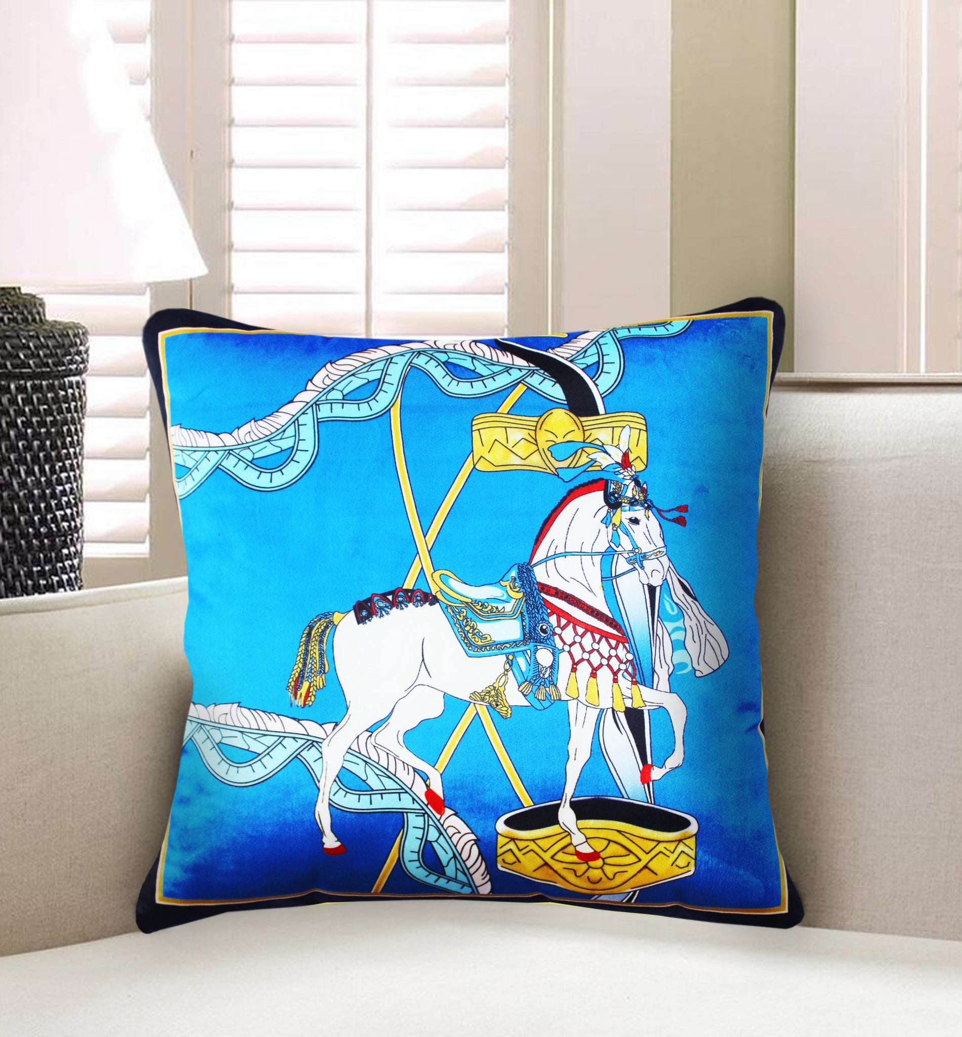 Blue Velvet Cushion Cover, Hermes Inspired Horse Printed Decorative Pillow, Vintage Home Décor Throw Pillow Cover,  45 x 45 CM
