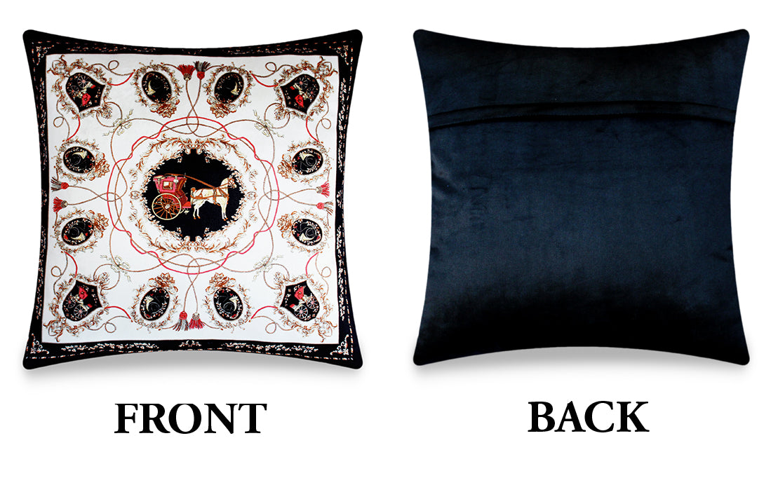 Black Velvet Cushion Cover, Hermes Inspired Horse Printed Decorative Pillow, Vintage Home Décor Throw Pillow Cover,  45 x 45 CM