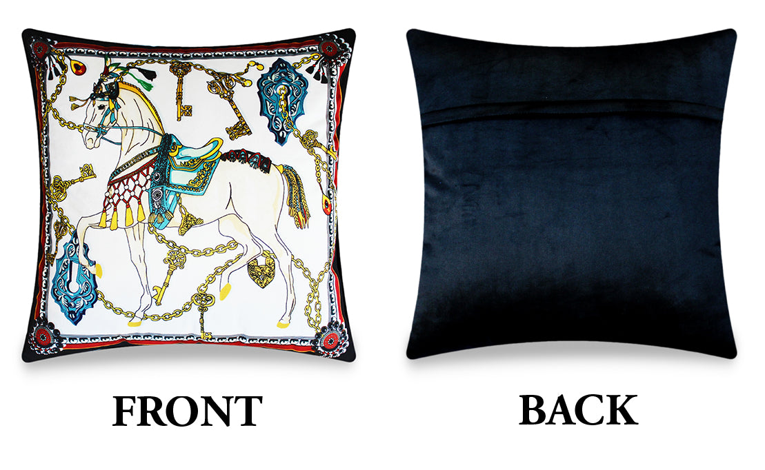 Black Velvet Cushion Cover, Hermes Inspired Horse Printed Decorative Pillow, Vintage Home Décor Throw Pillow Cover,  45 x 45 CM