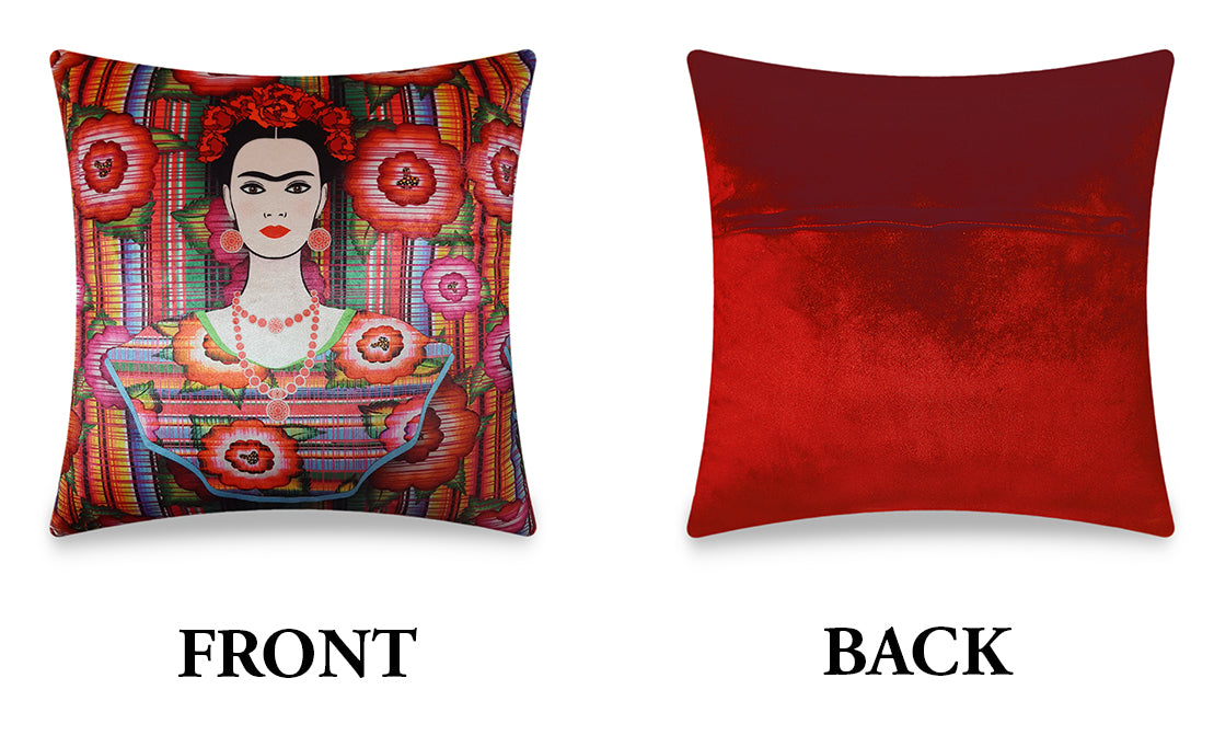 Red Velvet Cushion Cover Frida Kahlo and Florals Decorative Pillowcase Modern Home Decor Throw Pillow for Sofa Chair 45x45 cm 