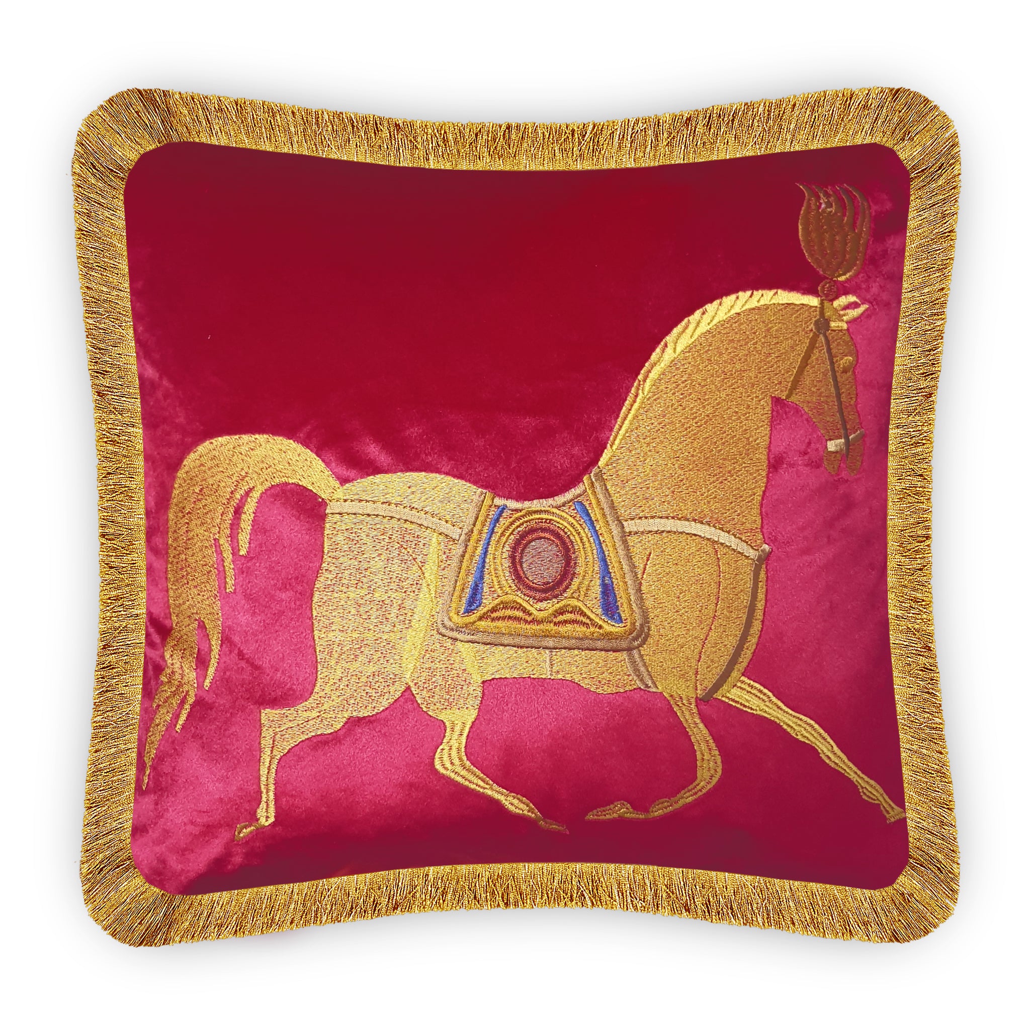 Velvet Horse Embroidered Cushion Cover, Baroque Style Decorative Pillowcase, Classic Home Decor Throw Pillow with Fringe for Bedroom, Living Room, 18x18 Inch, 45x45 cm