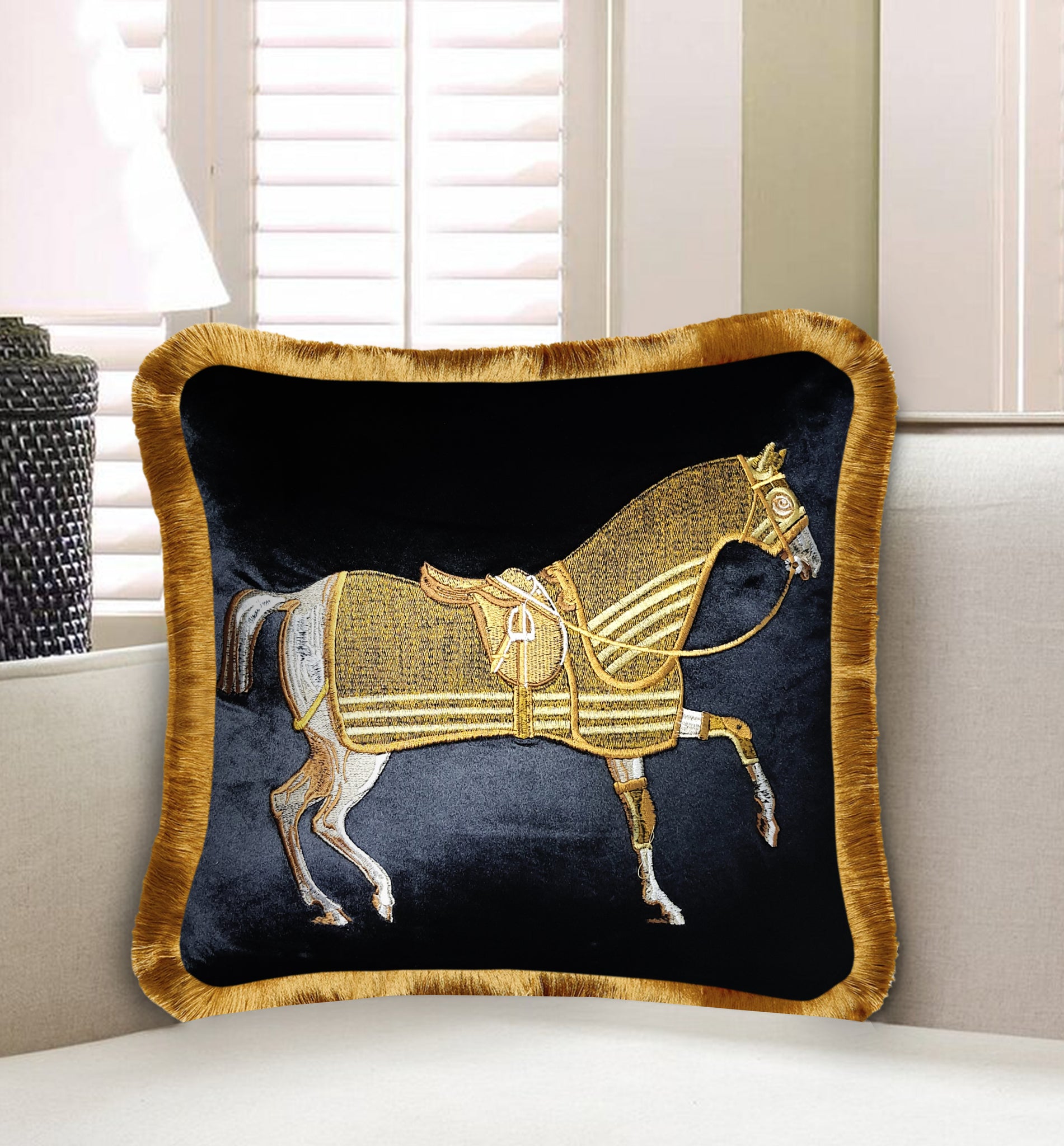 Beige Gold Luxury Classic Horse Embroidery Baroque Style Decorative Cushion Cover Pillow Case Home European Sofa Throw Pillow 45x45 cm 18x18 Inches