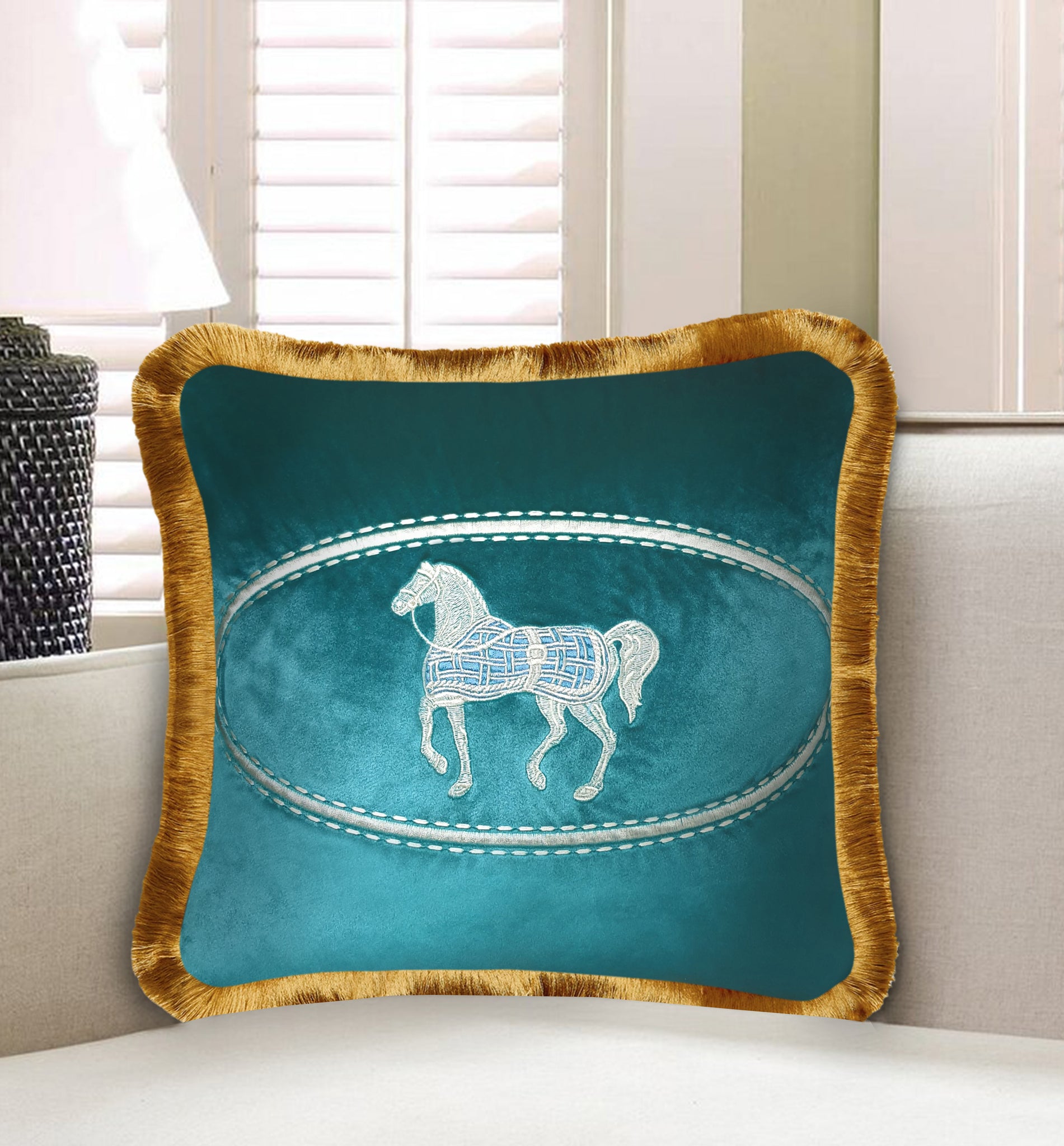 Velvet Embroidered Pony Cushion Cover, Classic Horse Decorative Pillowcase, Home Decor Throw Pillow with Fringe for Bedroom, Living Room, 45x45 cm 18x18 In ,