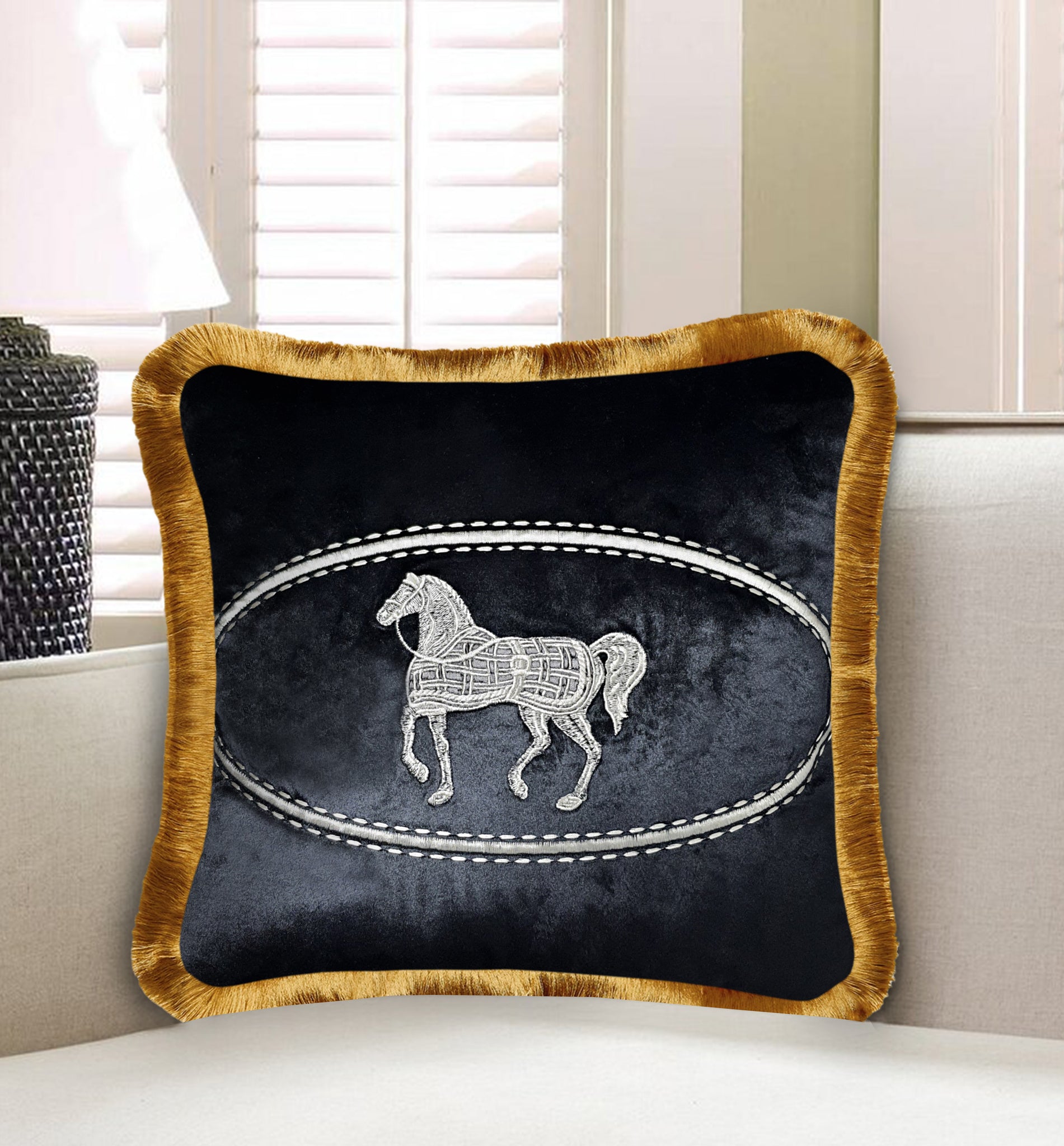 Velvet Embroidered Pony Cushion Cover, Classic Horse Decorative Pillowcase, Home Decor Throw Pillow with Fringe for Bedroom, Living Room, 45x45 cm 18x18 In ,