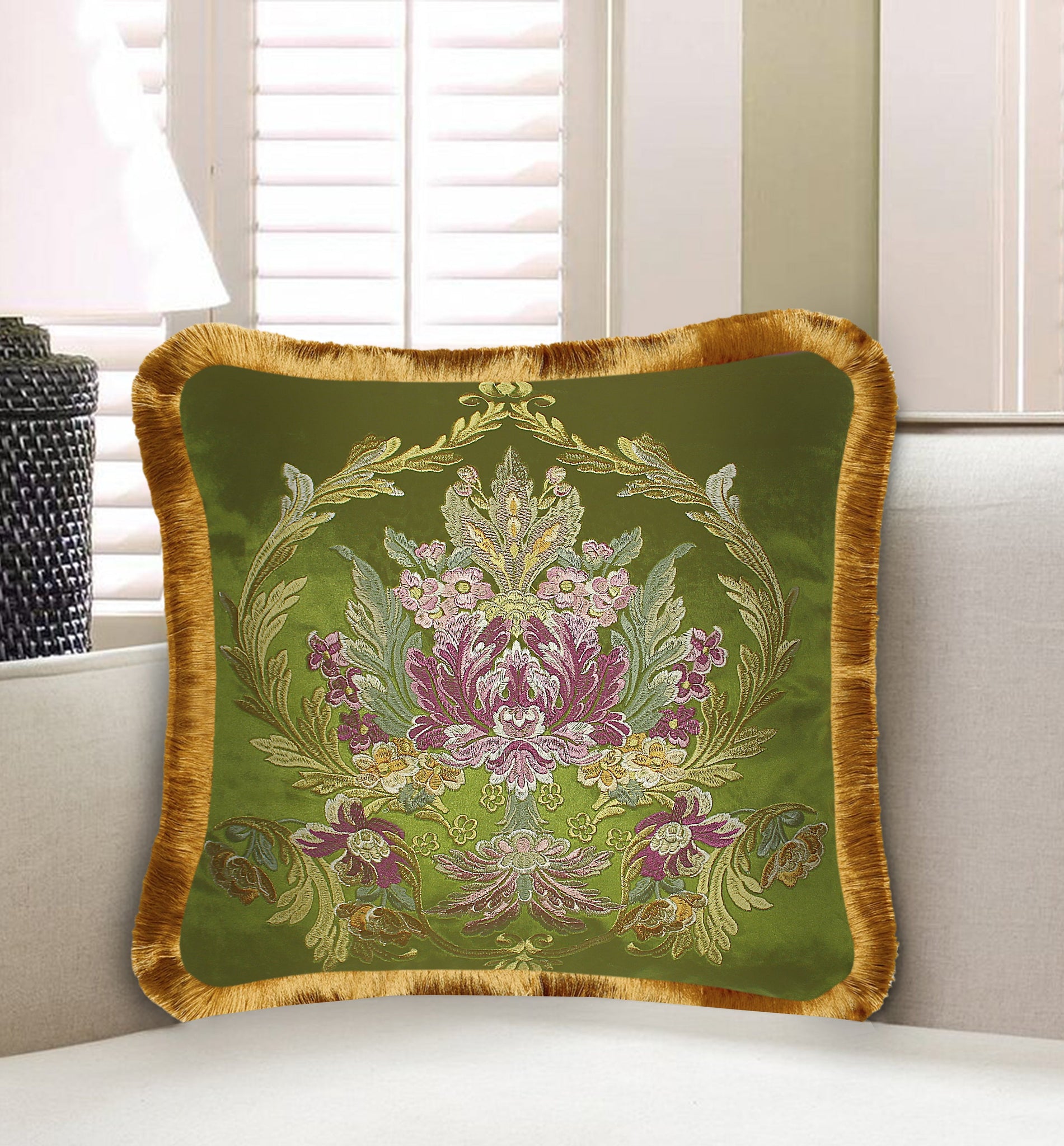 Gold Green Purple Floral Embroidery Baroque Style Cushion Cover For Sofa