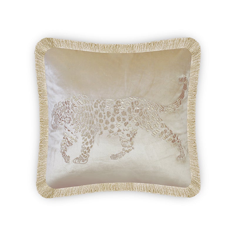 Cushion Cover Velvet Decorative Pillow Cover Leopard Embroidery Home Decor Style Throw Pillow for Sofa Chair Bedroom Living Room Beige 45x45 cm (18x18 Inches).