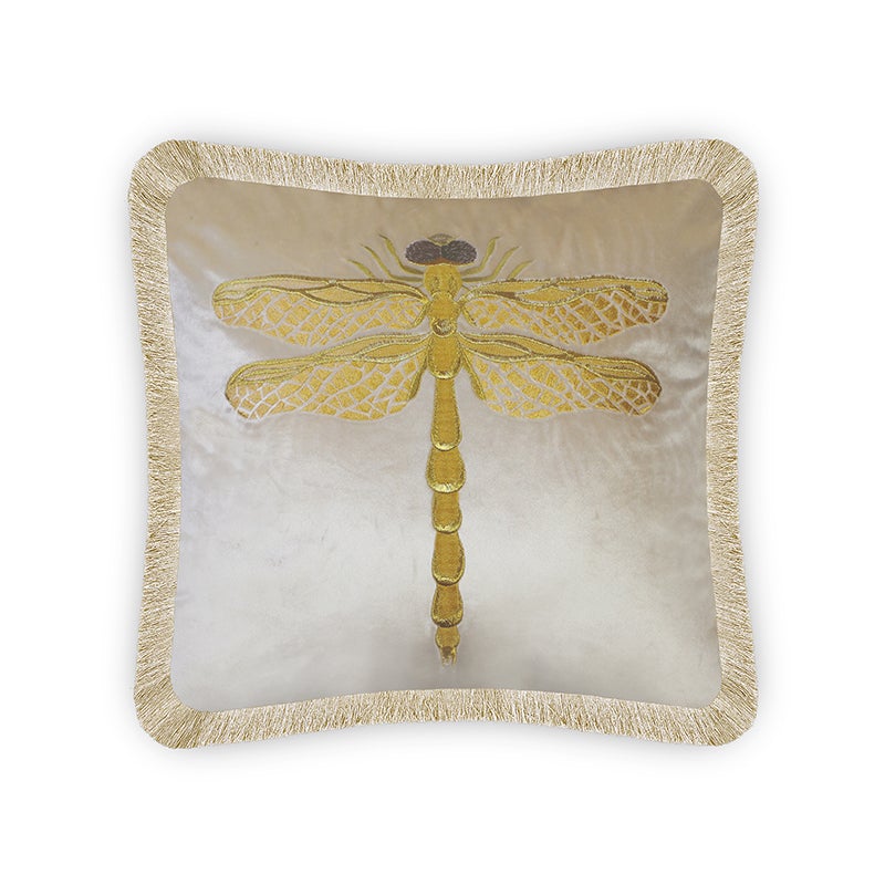 Velvet Dragonfly Embroidery Cushion Cover Home Decor Insect Decorative Pillowcase Cute Animal Throw Pillow with Golden Fringe for Bedroom Living Room Beige Size 45x45 cm (18x18 Inches)