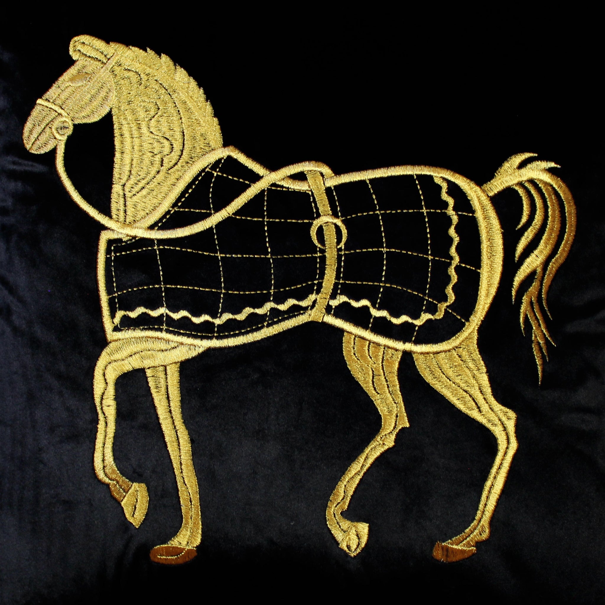 Black Cushion Cover Velvet Decorative Pillow Cover Classic Horse Embroidery Home Decor Style Throw Pillow for Sofa Chair Bedroom Living Room 45x45 cm (18x18 Inches).