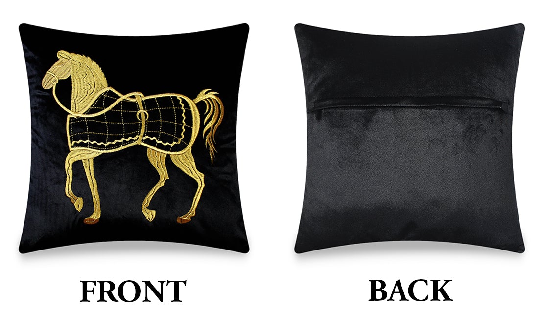 Black Cushion Cover Velvet Decorative Pillow Cover Classic Horse Embroidery Home Decor Style Throw Pillow for Sofa Chair Bedroom Living Room 45x45 cm (18x18 Inches).