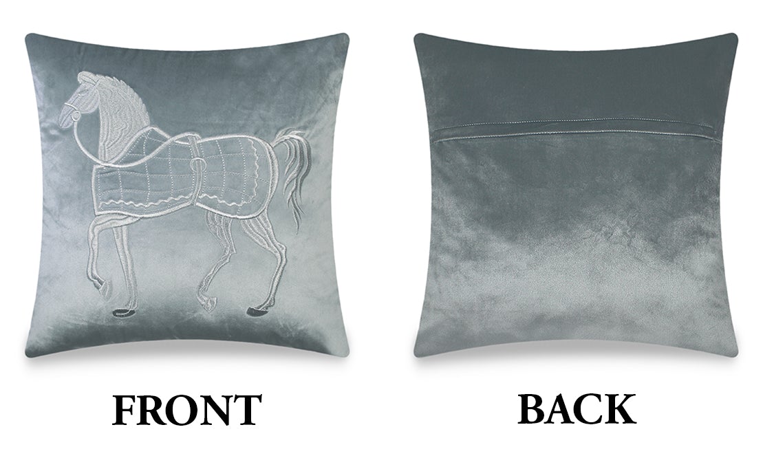Silver Cushion Cover Velvet Decorative Pillow Cover Classic Horse Embroidery Home Decor Style Throw Pillow for Sofa Chair Bedroom Living Room 45x45 cm (18x18 Inches).