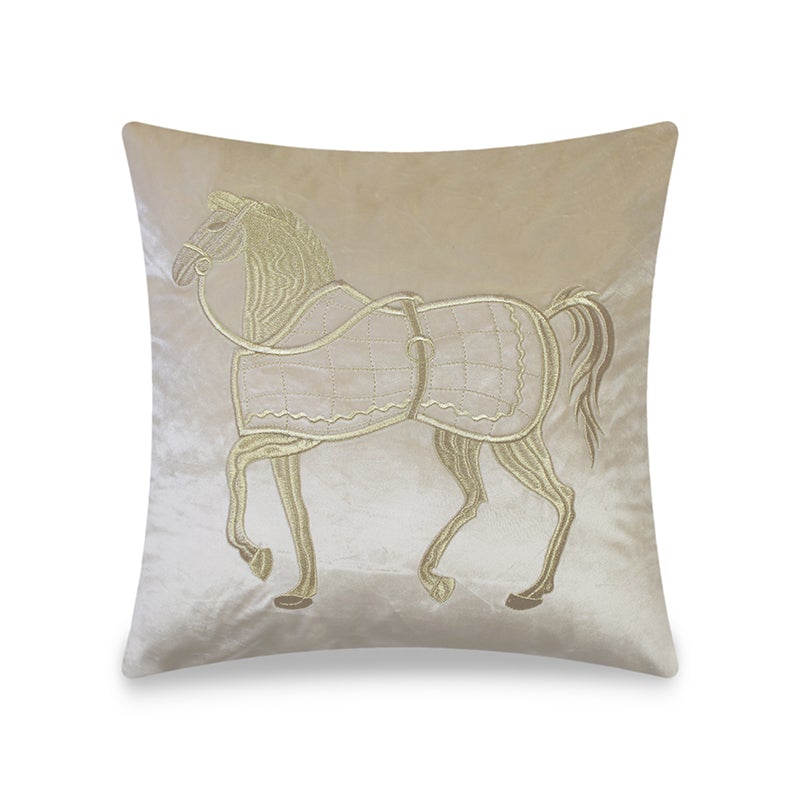 Beige Cushion Cover Velvet Decorative Pillow Cover Classic Horse Embroidery Home Decor Style Throw Pillow for Sofa Chair Bedroom Living Room 45x45 cm (18x18 Inches).