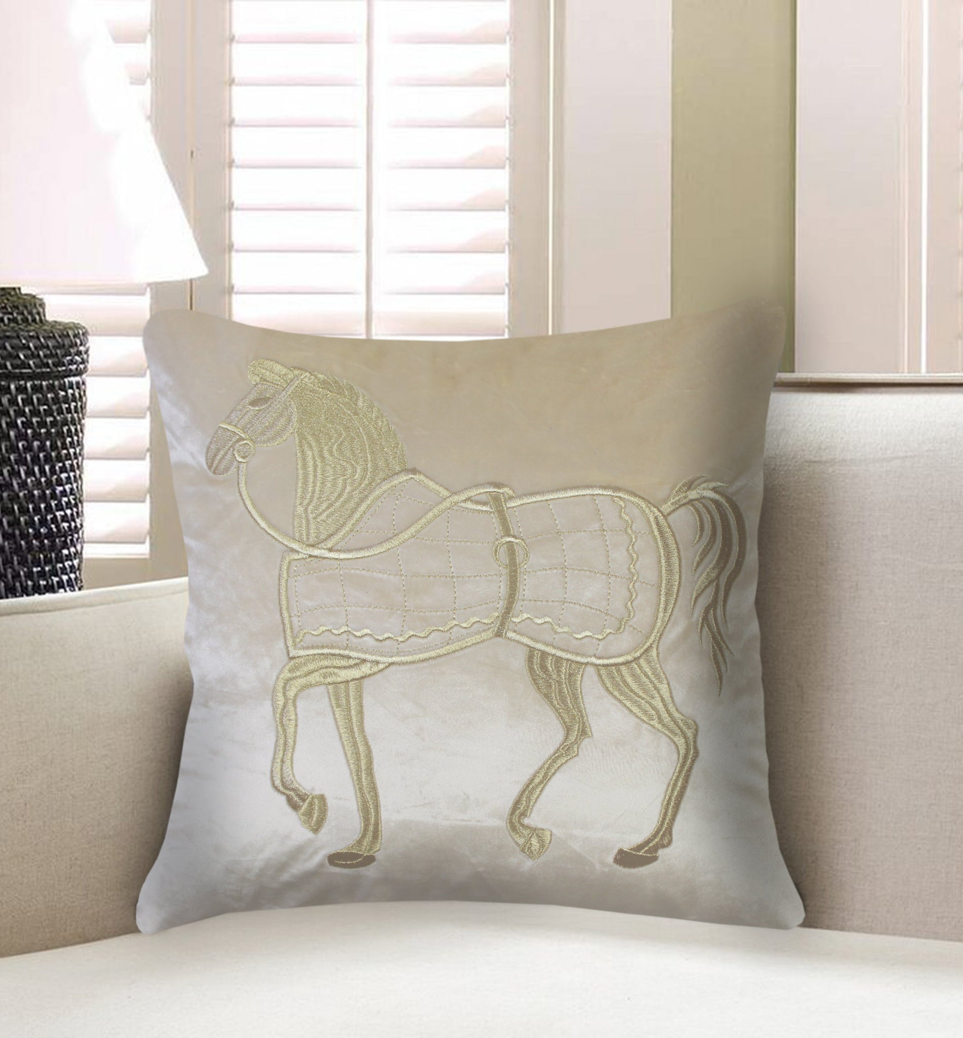 Beige Cushion Cover Velvet Decorative Pillow Cover Classic Horse Embroidery Home Decor Style Throw Pillow for Sofa Chair Bedroom Living Room 45x45 cm (18x18 Inches).