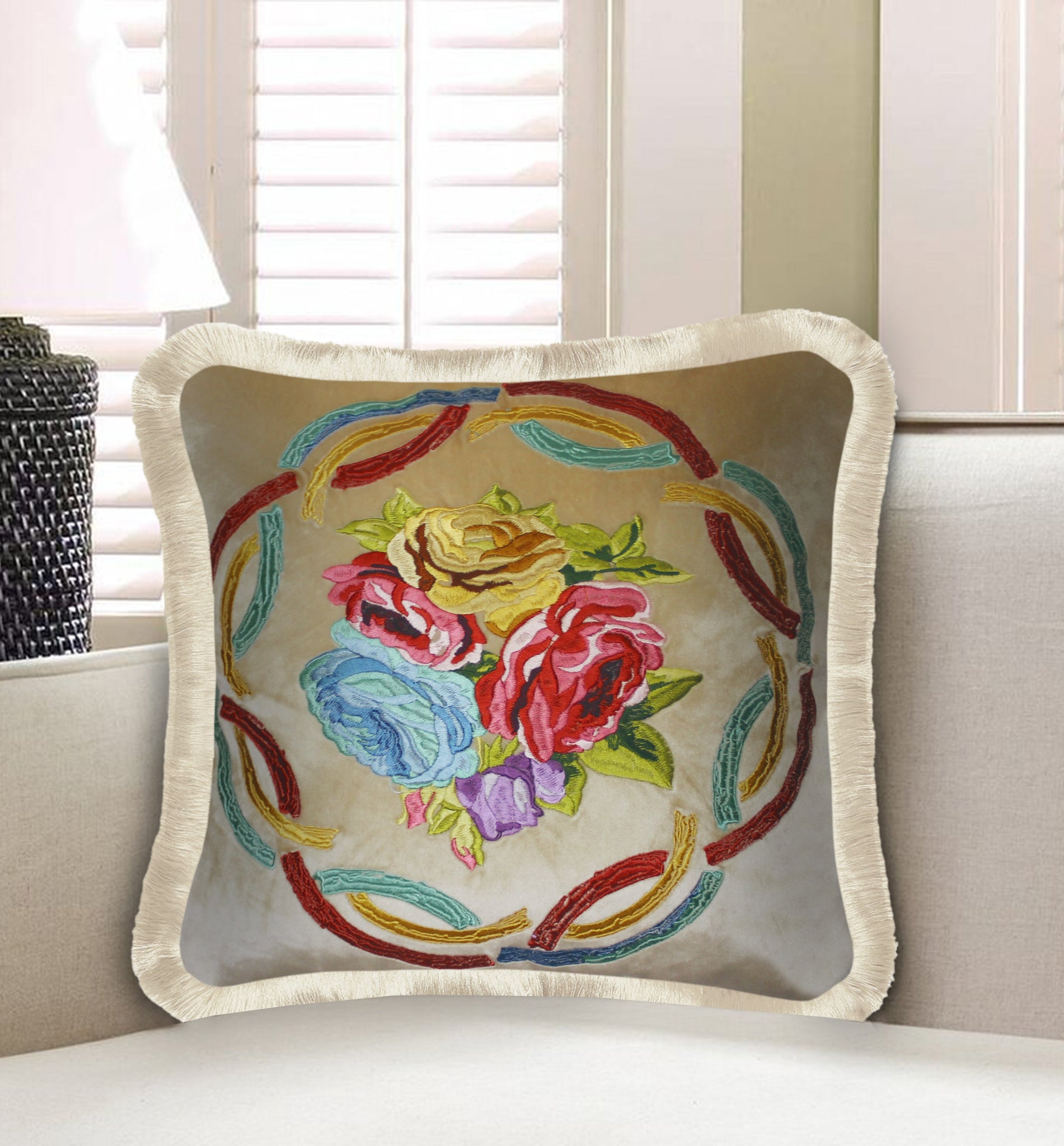  Velvet Cushion Cover Home Decor Colorful Rose Bouquet Decorative Pillowcase Embroidery Throw Pillow for Sofa Chair Bedroom Living Room Beige 45x45 cm (18x18 Inches).