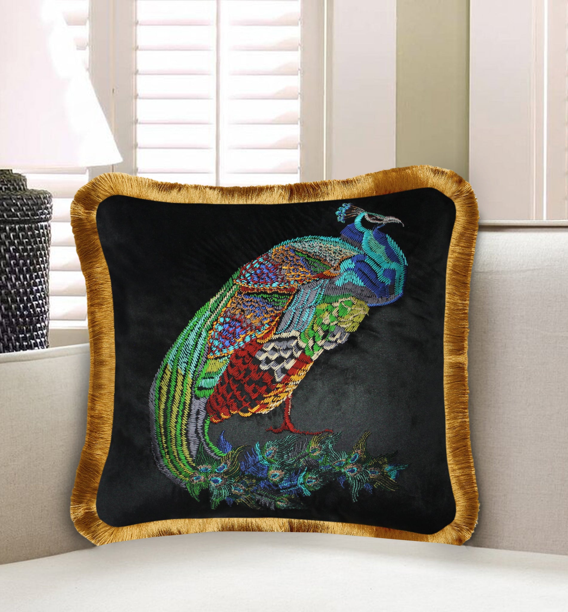  Velvet Cushion Cover Colorful Peacock Decorative Pillowcase Embroidery Decor Throw Pillow for Sofa Chair Bedroom Living Room Black 45x45 cm (18x18 Inches).