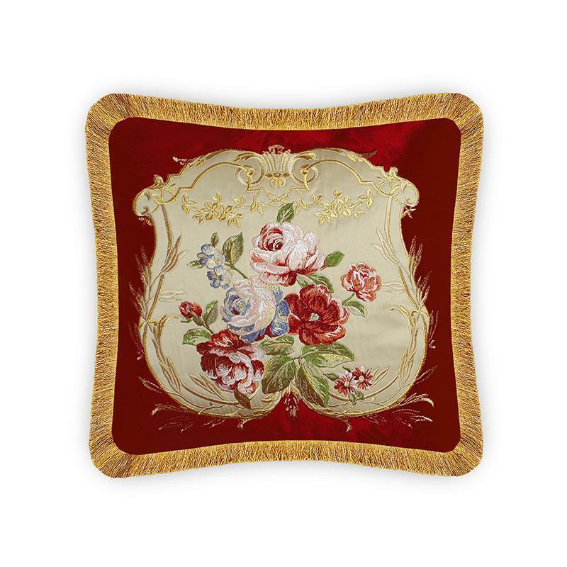Velvet Cushion Cover Aubusson Rose Decorative Pillowcase Floral Bouquet Embroidery  Throw Pillow for Sofa Chair Bedroom Living Room Red 45x45 cm (18x18 Inches)