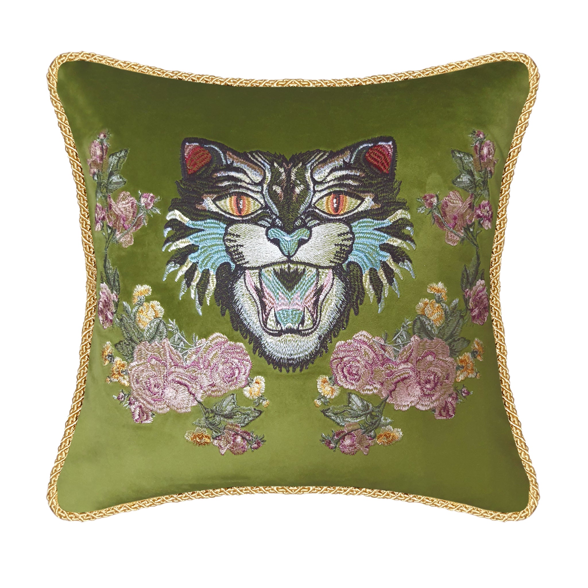 Velvet Cushion Cover Angry Cat Embroidery Decorative Pillowcase Modern Home Decor Throw Pillow for Sofa Chair Living Room 45x45 cm