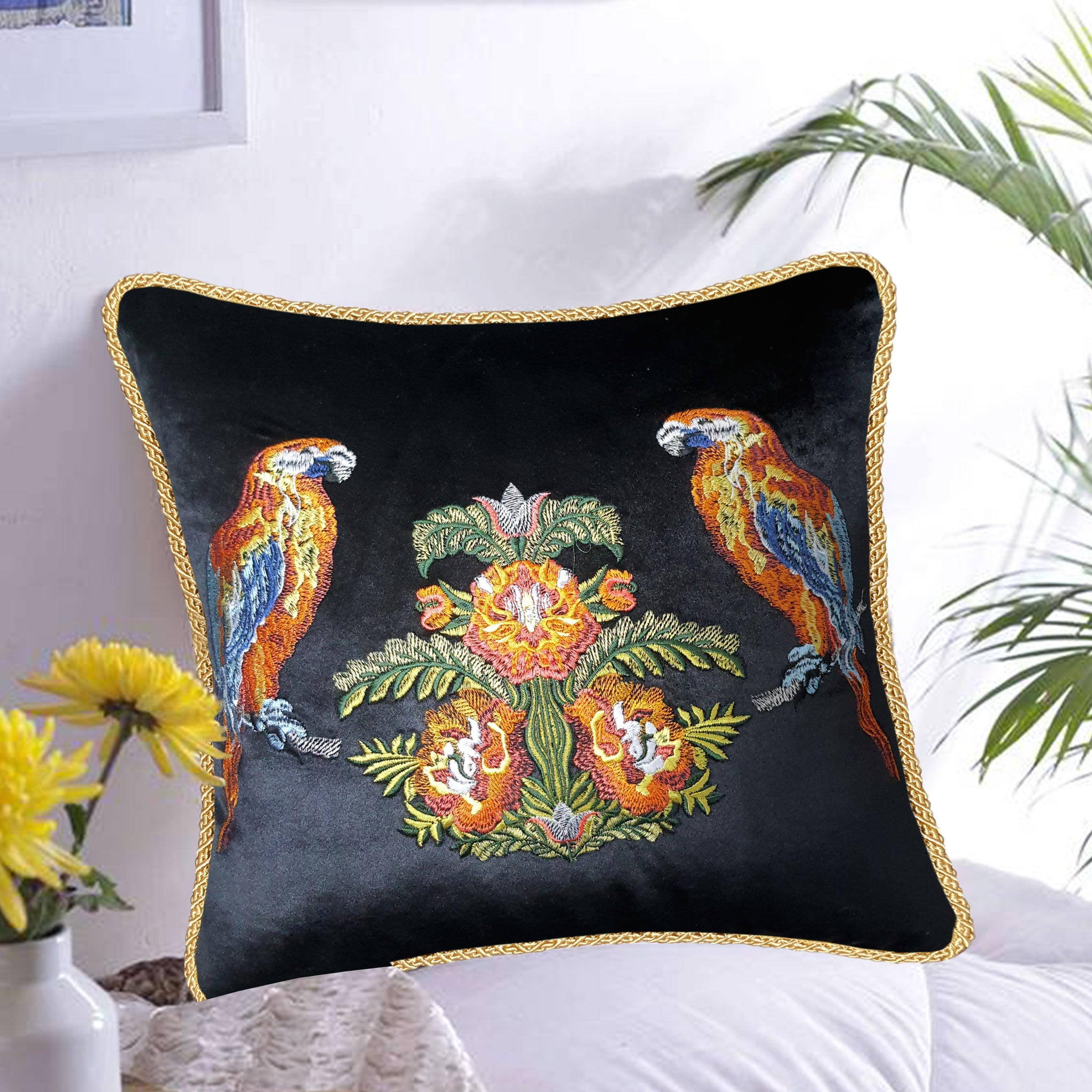  Velvet Cushion Cover Parrot Embroidery Decorative Pillowcase Modern Tropical Birds Home Decor Throw Pillow for Sofa Chair 45x45 cm 