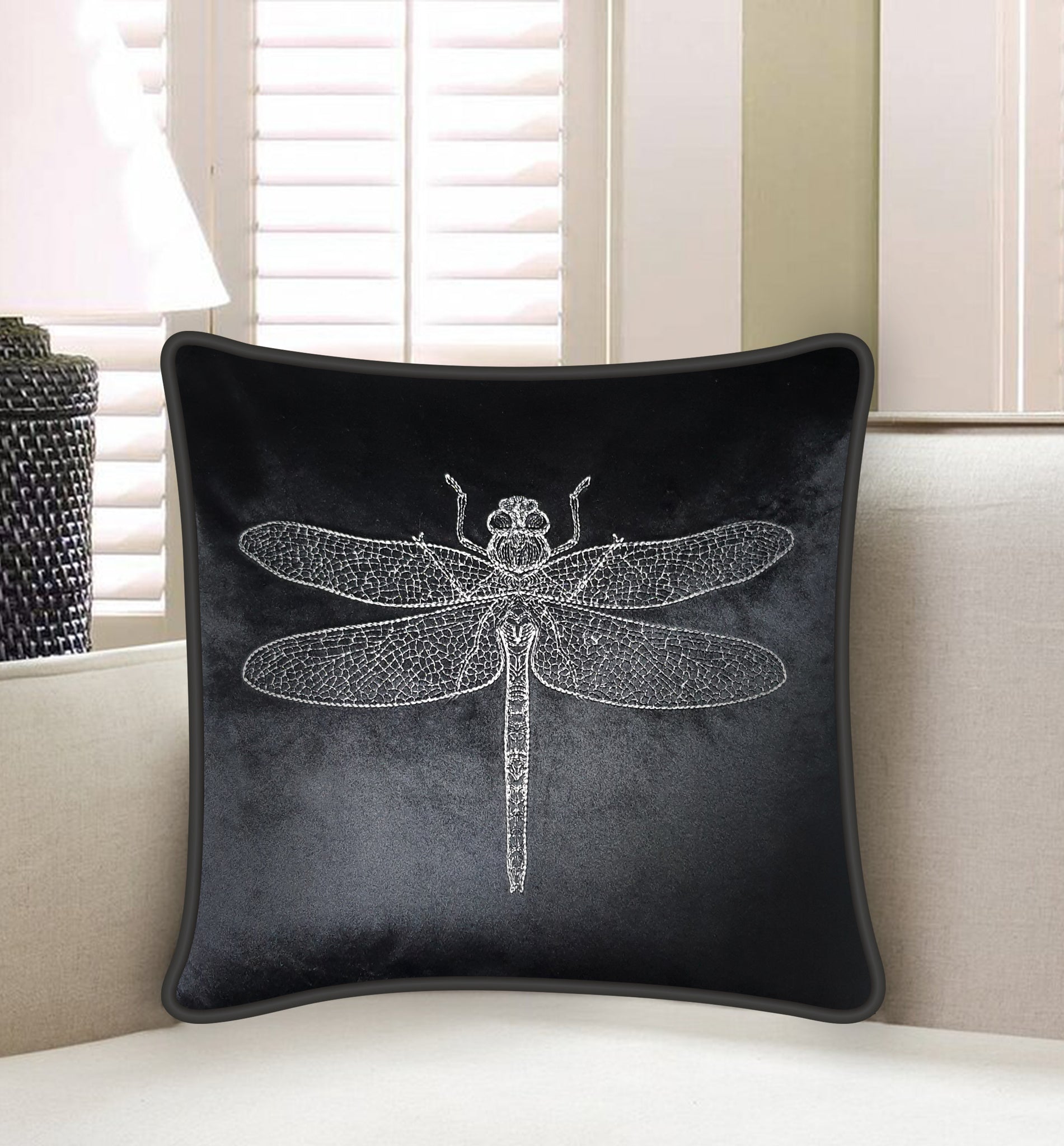  Velvet Cushion Cover Sketched Dragonfly Embroidery Decorative Pillowcase Modern Home Decor Throw Pillow for Sofa Chair 45x45 cm 