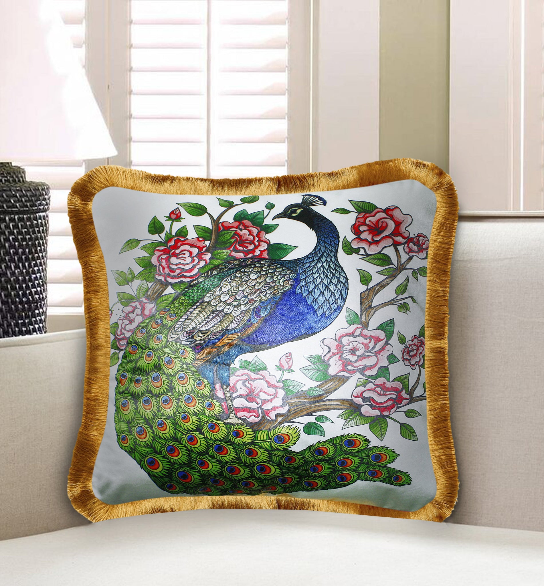 Green Velvet Cushion Cover Peacock and Floral Decorative Pillow Cover Home Decor Throw Pillow for Sofa Chair Couch Bedroom 45x45 cm 18x18 In