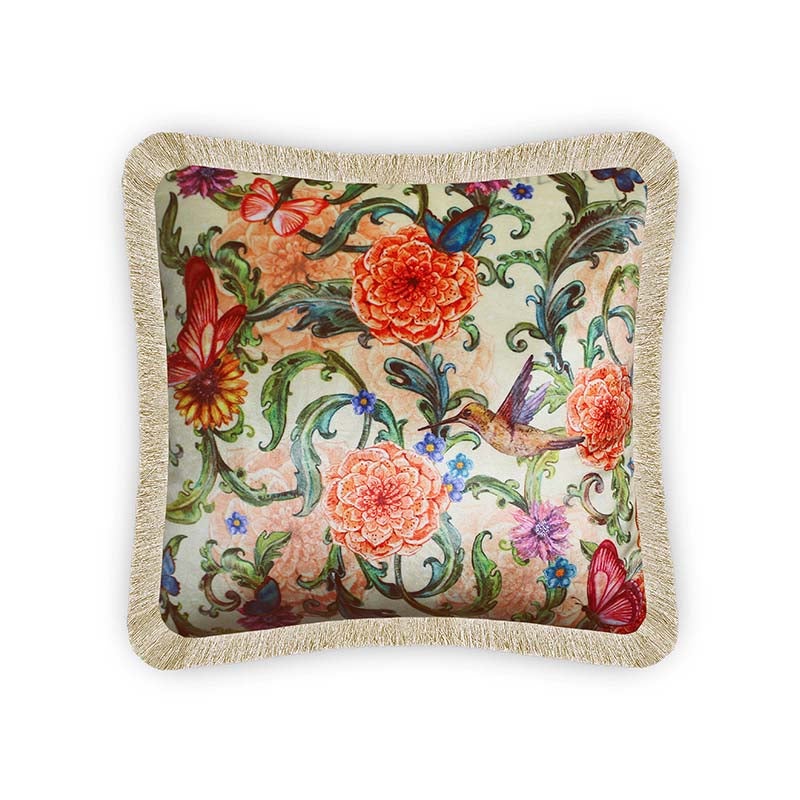 Beige Velvet Cushion Cover Exotic Floral and Hummingbird Decorative Pillow Cover Home Decor Throw Pillow for Sofa Chair Bedroom 45x45 cm 18x18 In