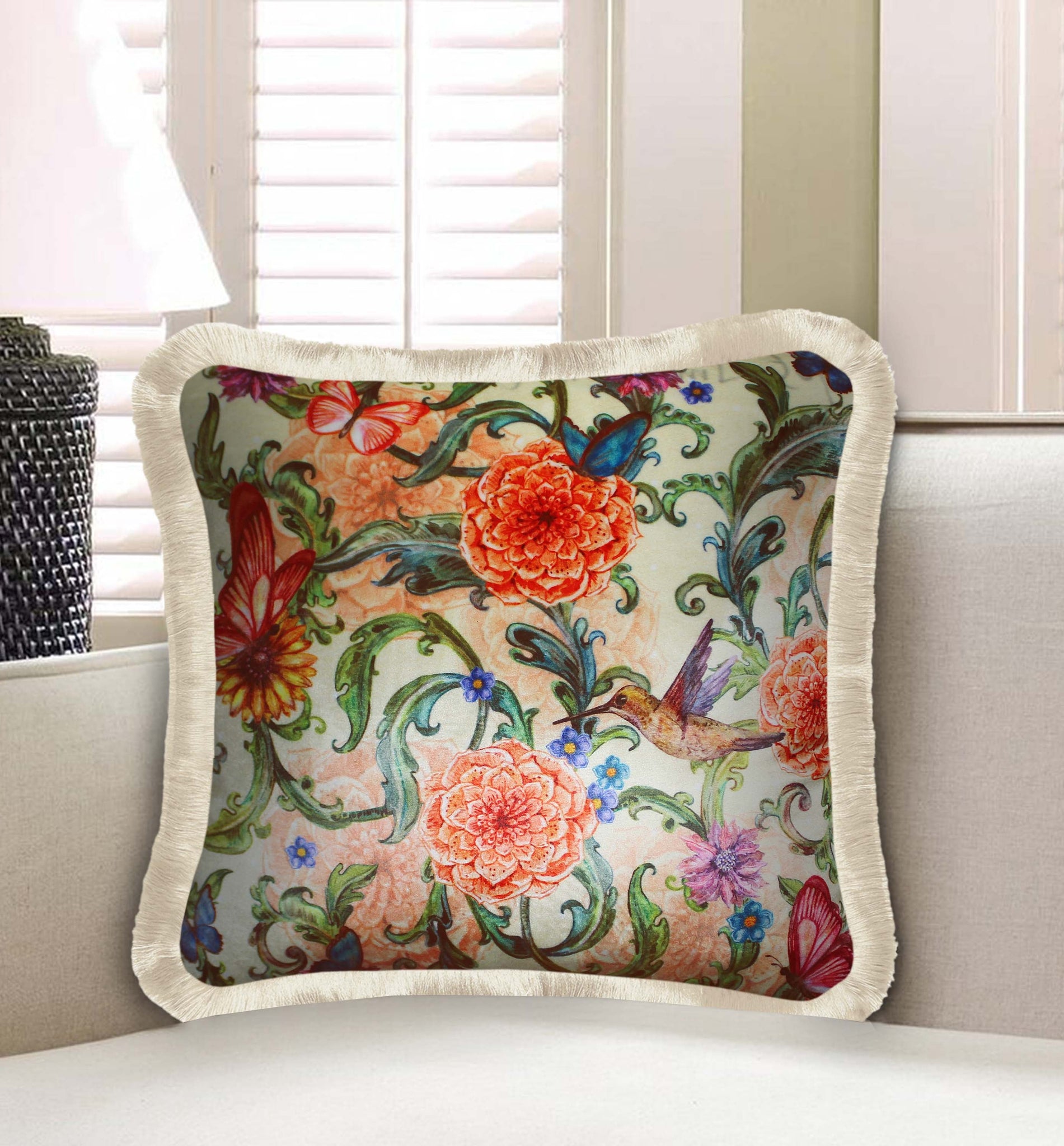 Beige Velvet Cushion Cover Exotic Floral and Hummingbird Decorative Pillow Cover Home Decor Throw Pillow for Sofa Chair Bedroom 45x45 cm 18x18 In
