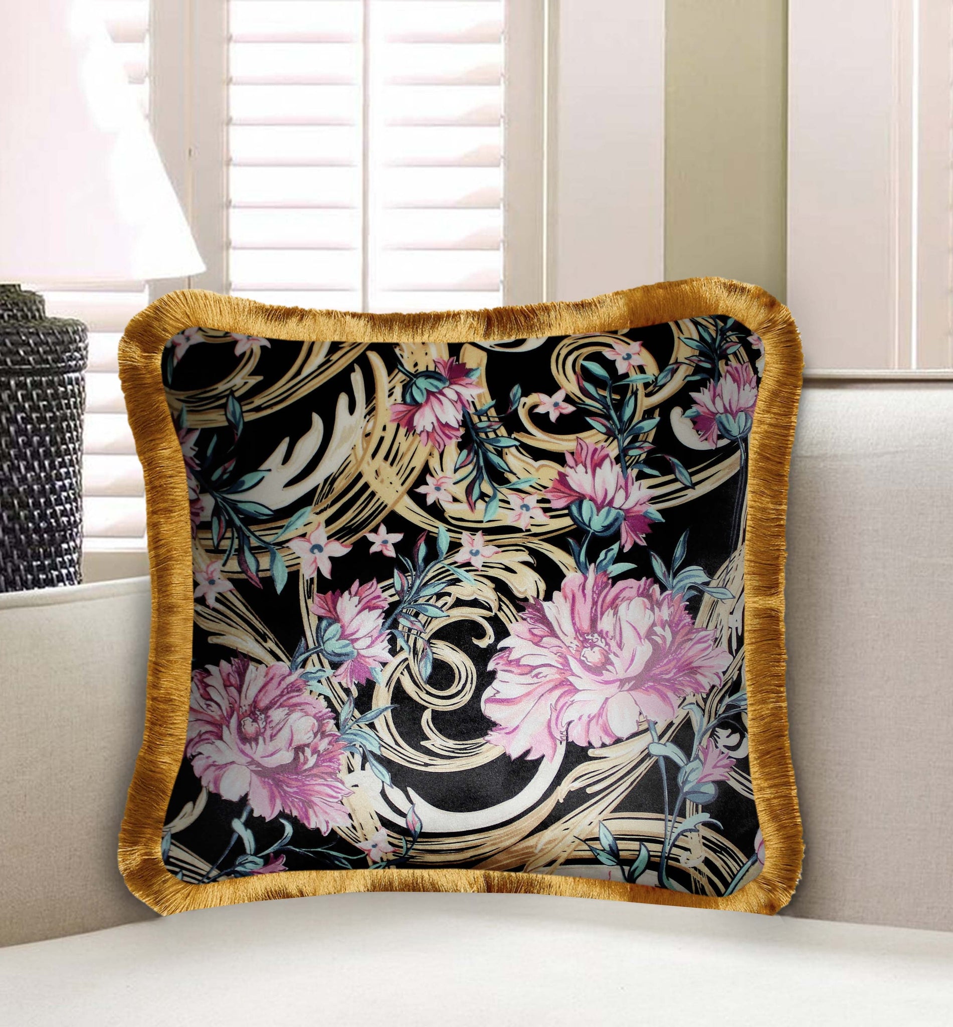  Velvet Cushion Cover Exotic Flower Decorative pillowcase Floral and Baroque Swirl Décor Throw Pillow for Sofa Chair Bedroom Living Room Multi Color 45x45cm (18x18 Inches)