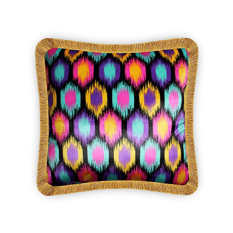 Black Velvet Cushion Cover Colorful Ikat Geometric Decorative Pillowcase Modern Home Décor Throw Pillow for Sofa Chair Couch Bedroom 45x45 cm 18x18 In