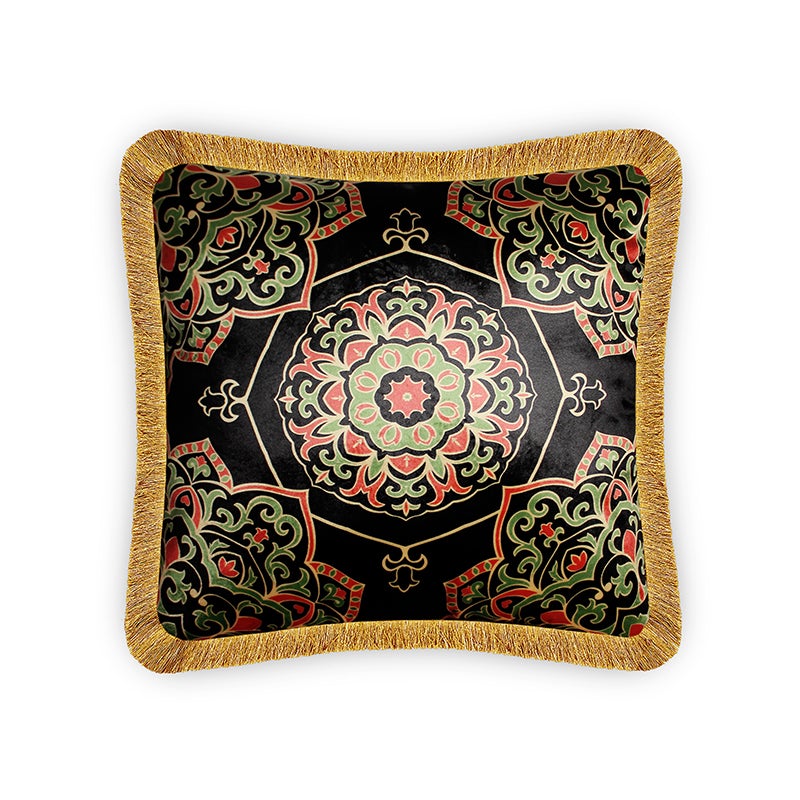  Black Velvet Cushion Cover Traditional Ottoman Floral Decorative Pillowcase Vintage Home Decor Throw Pillow for Sofa Chair Couch Bedroom 45x45 cm 18x18 In