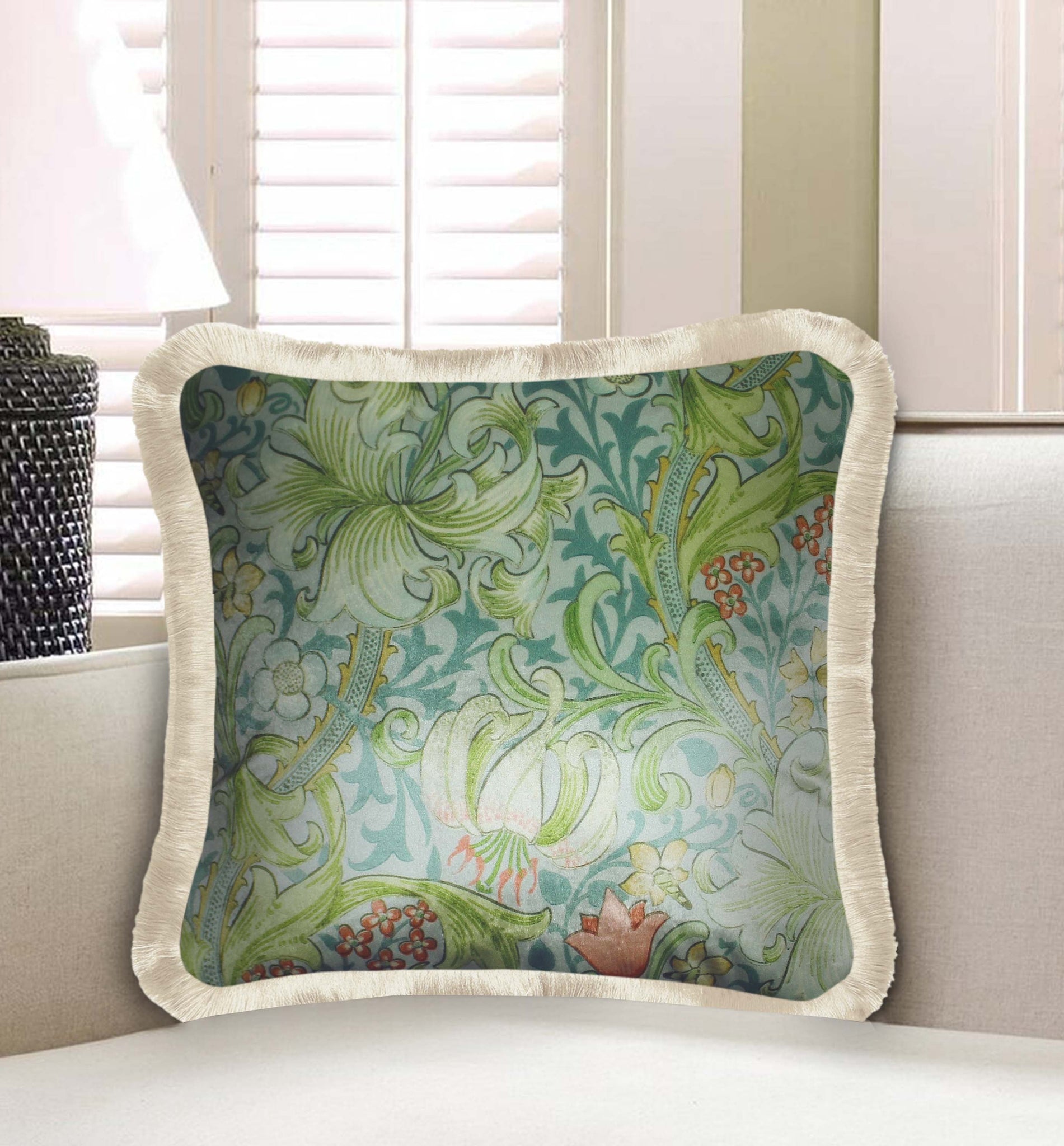 Green Velvet Cushion Cover William Morris Floral Decorative Pillowcase Vintage Home Décor Throw Pillow for Sofa Chair Couch Bedroom 45x45 cm 18x18 In