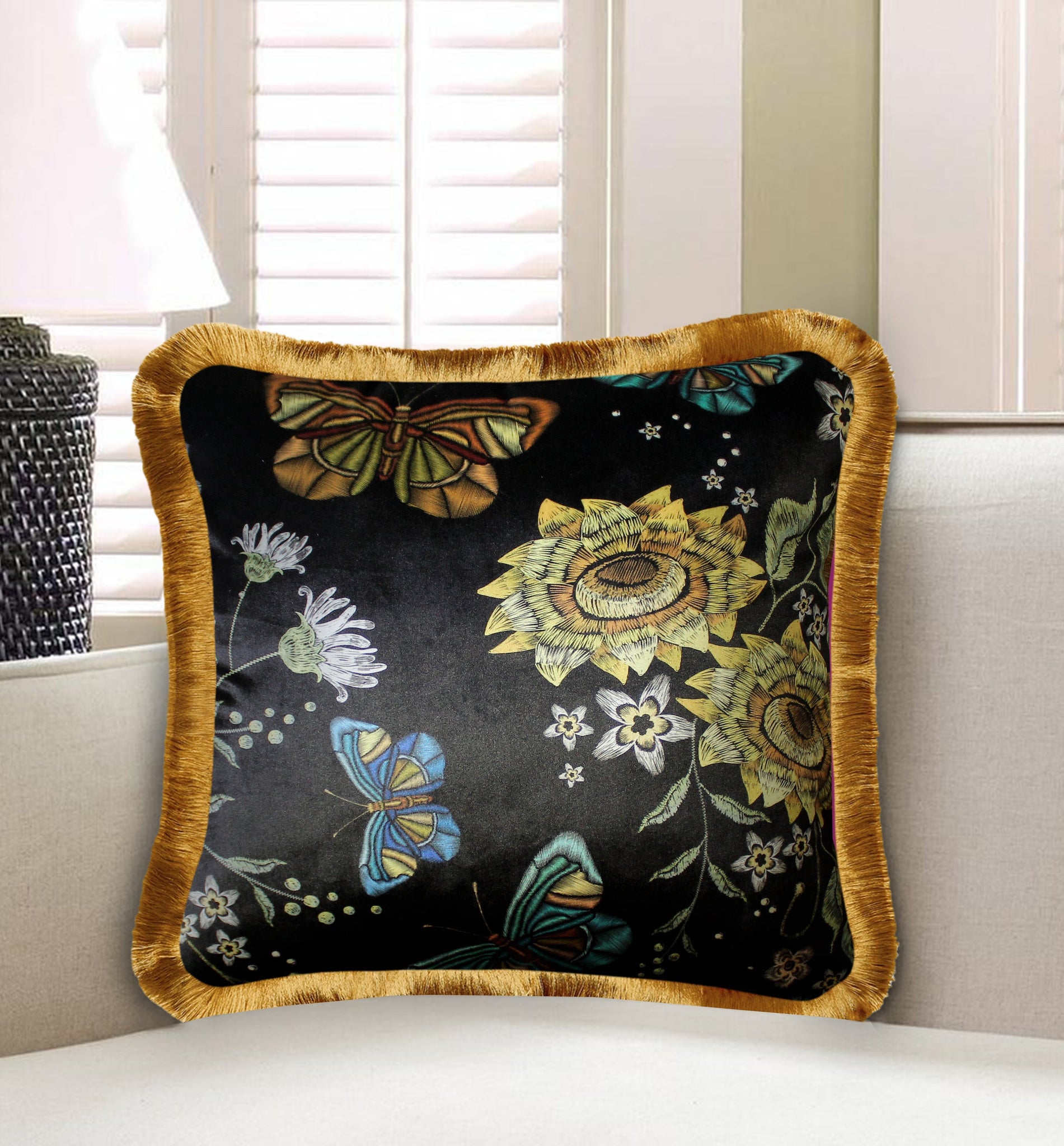 Velvet Cushion Cover Embroidery Imitated Floral and Butterfly Decorative pillowcase Flower and Insect Throw Pillow for Sofa Chair 45x45 18x18 Inches