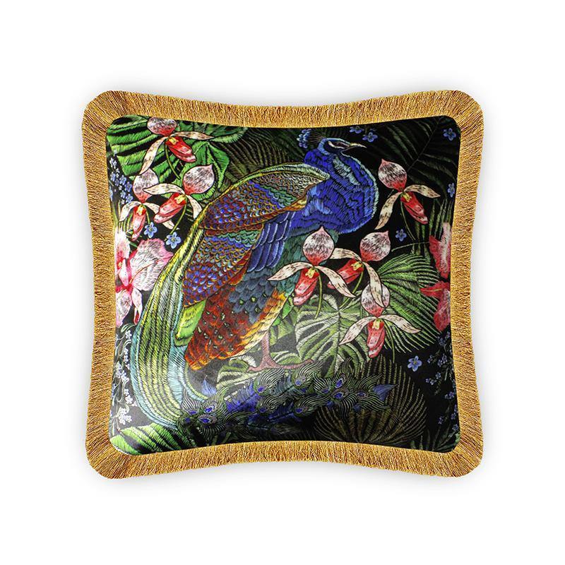 Velvet Cushion Cover Peacock and Forest Flower Decorative Pillow Cover Home Decor Wysada for Sofa Chair Bedroom Living Room 45x45cm 18x18 Inches