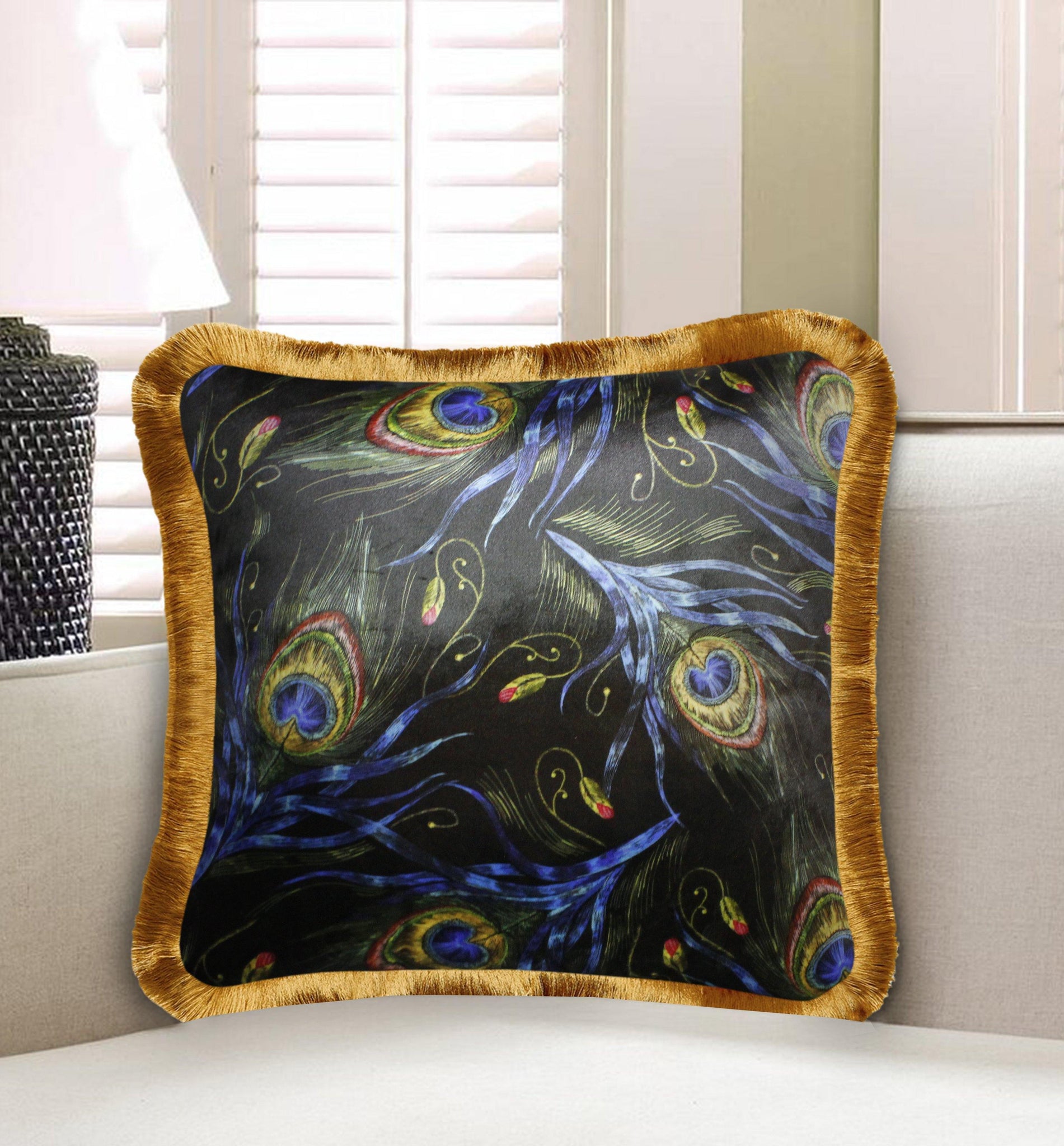Black Velvet Cushion Cover Peacock Feather Decorative Pillowcase Home Decor Throw Pillow for Sofa Chair Couch Bedroom 45x45 cm 18x18 In
