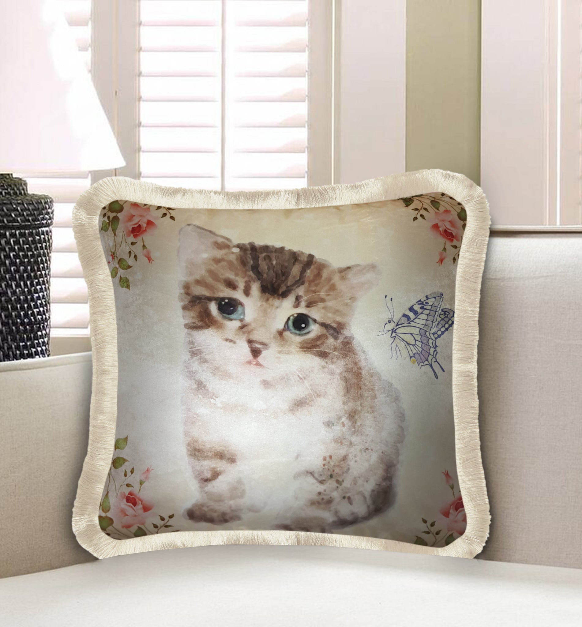  Velvet Cushion Cover Kitten with Roses Decorative Pillowcase Vintage Home Decor Throw Pillow for Sofa Chair 45x45 cm 