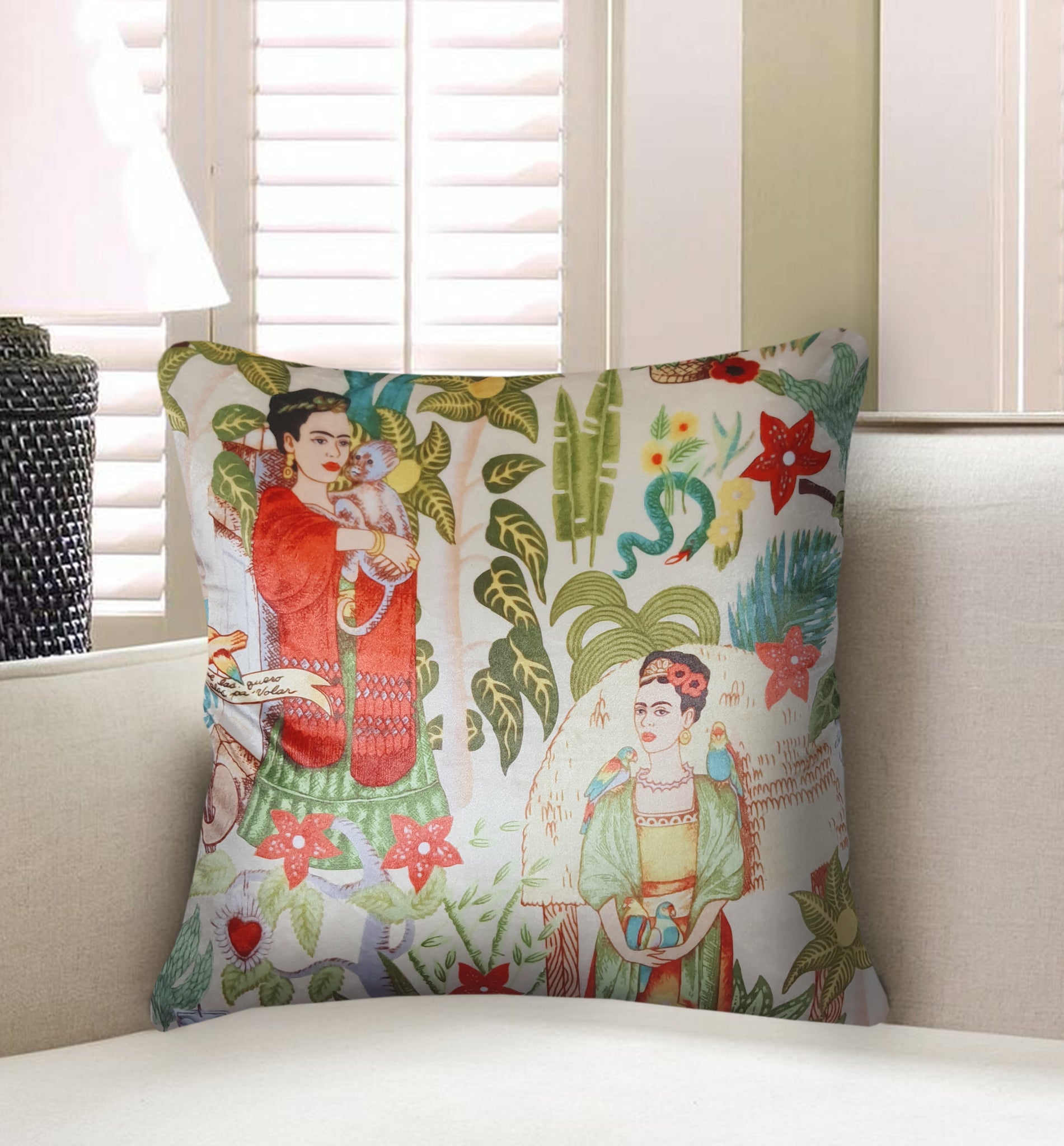 Beige Velvet Cushion Cover Frida Kahlo and Jungle Decorative Pillowcase Home Decor Throw Pillow for Sofa Chair 45x45 cm