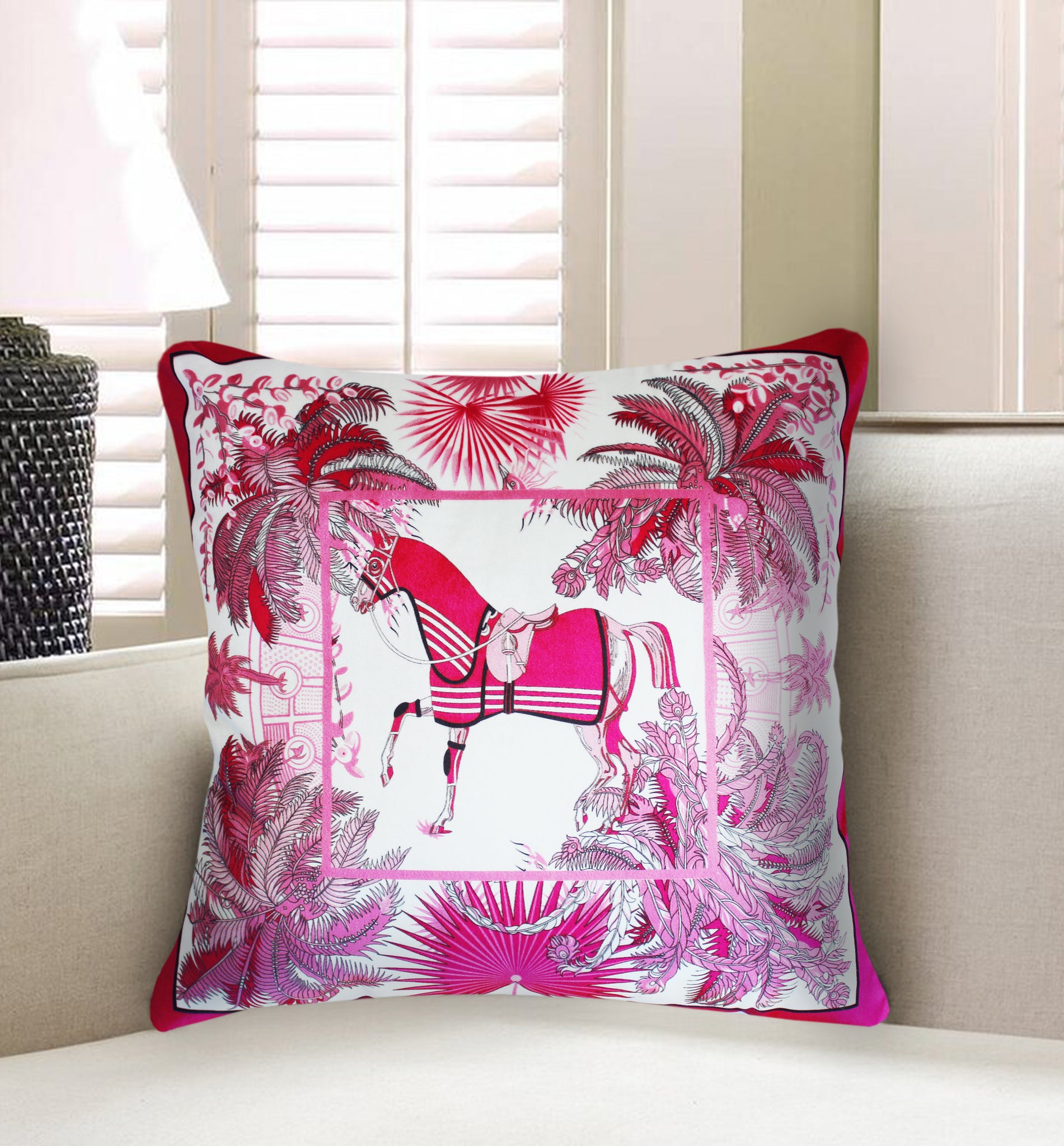 Pink Velvet Cushion Cover, Hermes Inspired Horse Printed Decorative Pillow, Vintage Home Décor Throw Pillow Cover,  45 x 45 CM