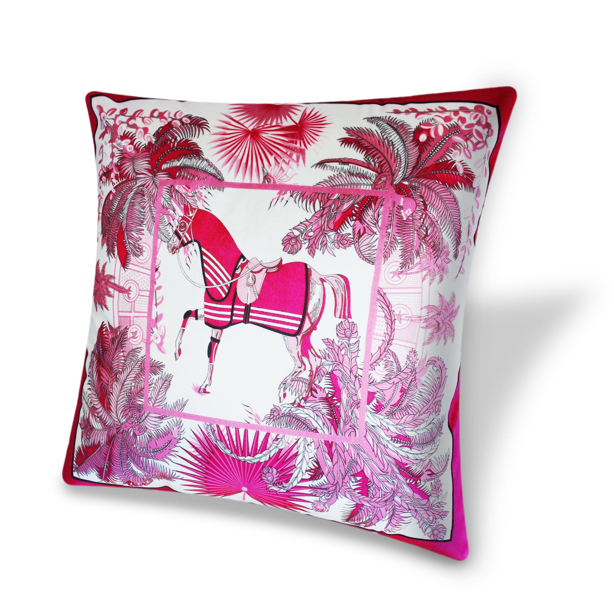 Pink Velvet Cushion Cover, Hermes Inspired Horse Printed Decorative Pillow, Vintage Home Décor Throw Pillow Cover,  45 x 45 CM