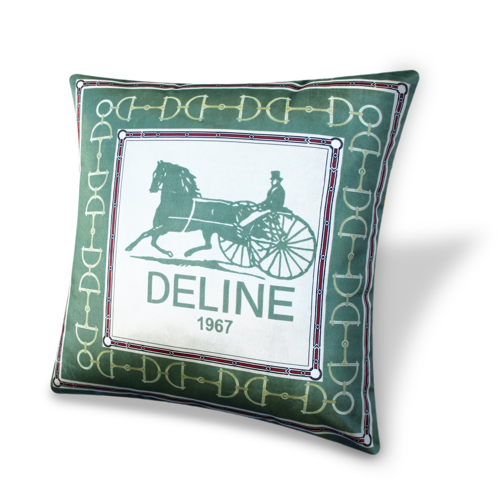 Green Velvet Cushion Cover, Hermes Inspired Horse Printed Decorative Pillow, Vintage Home Décor Throw Pillow Cover,  45 x 45 CM